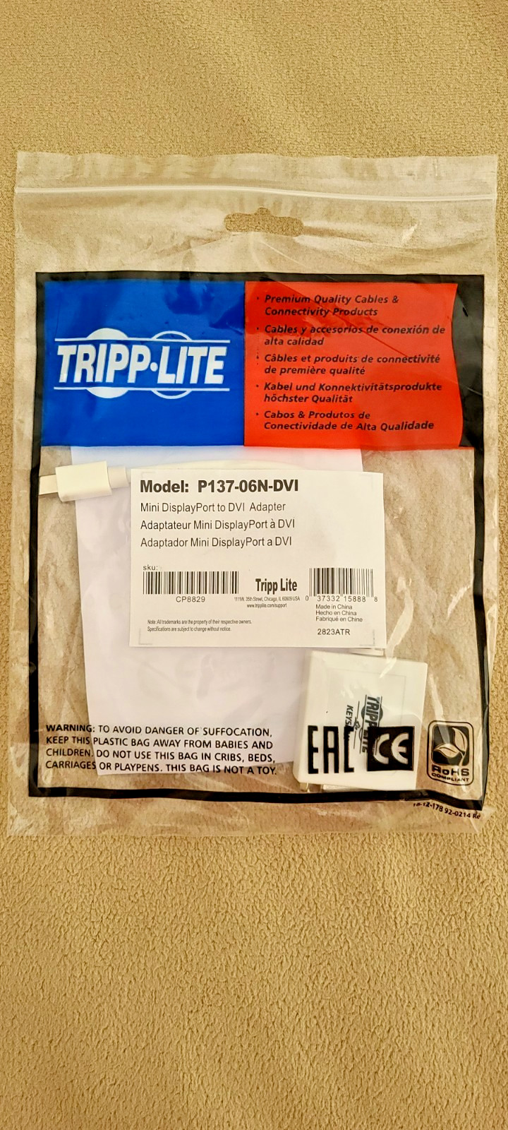 TRIPP LITE Mini Display Port 1.2 to DVI Adapter Model: P137-06N-DVI-V2, NEW