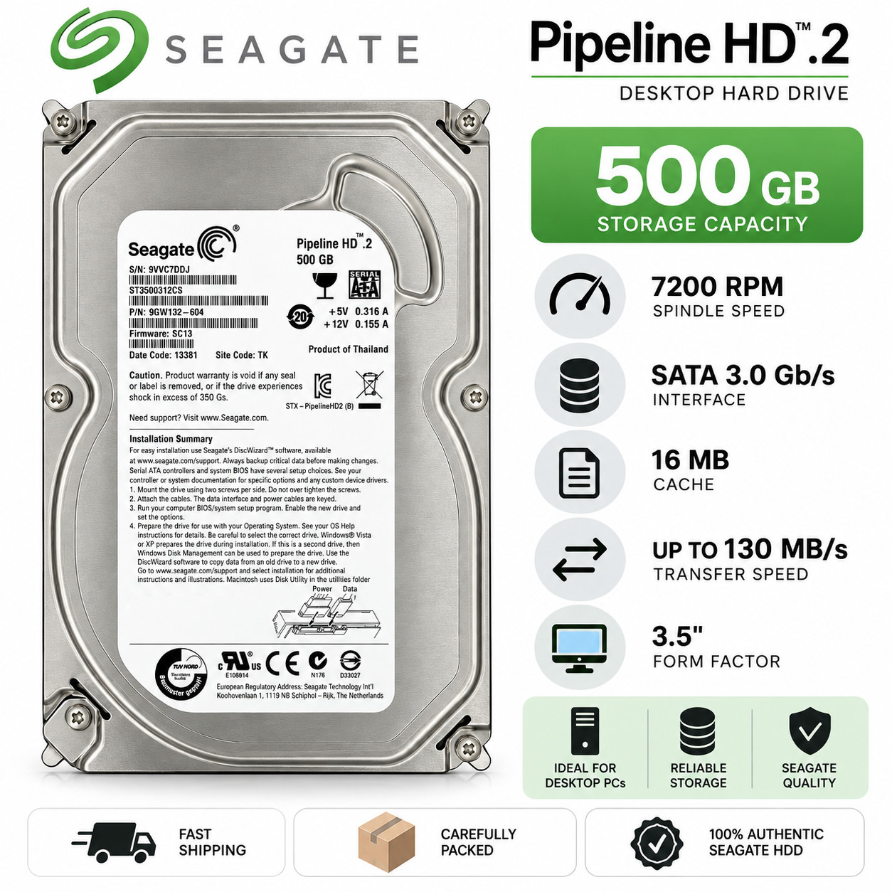 HDD Hard Drive Sata Seagate Pipeline HD.2 ST3500312CS 9GW132 500GB 5.9K RPM 3Gb