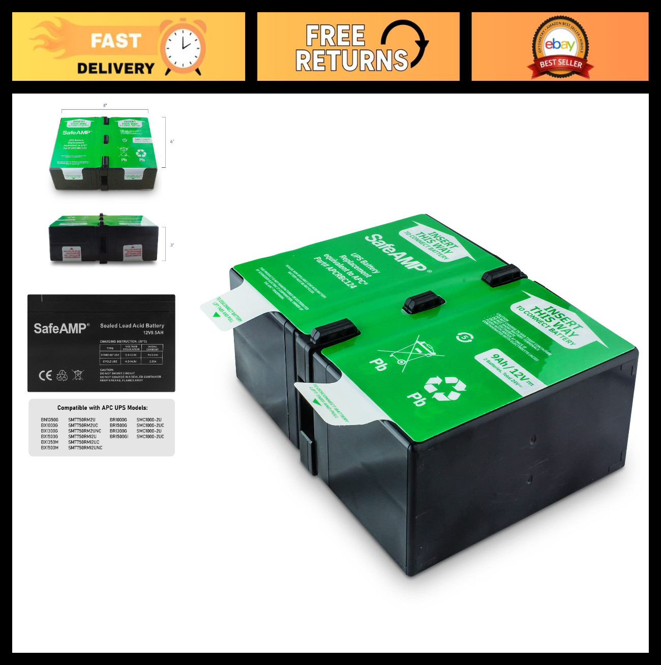 24VDC 9Ah VRLA Battery Replacement for APC UPS Models BR1000G BX1350M BN1350G BX