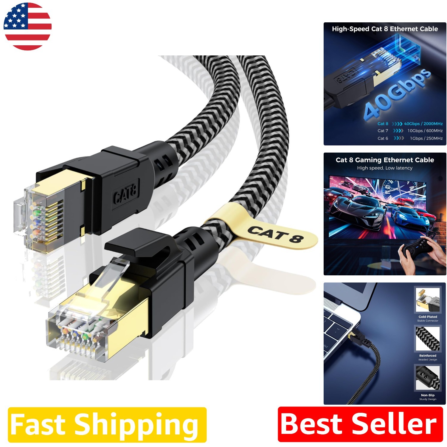 High-Speed Cat 8 Network Cable 100ft, 40Gbps, 2000MHz, Gold Plated RJ45, Durable