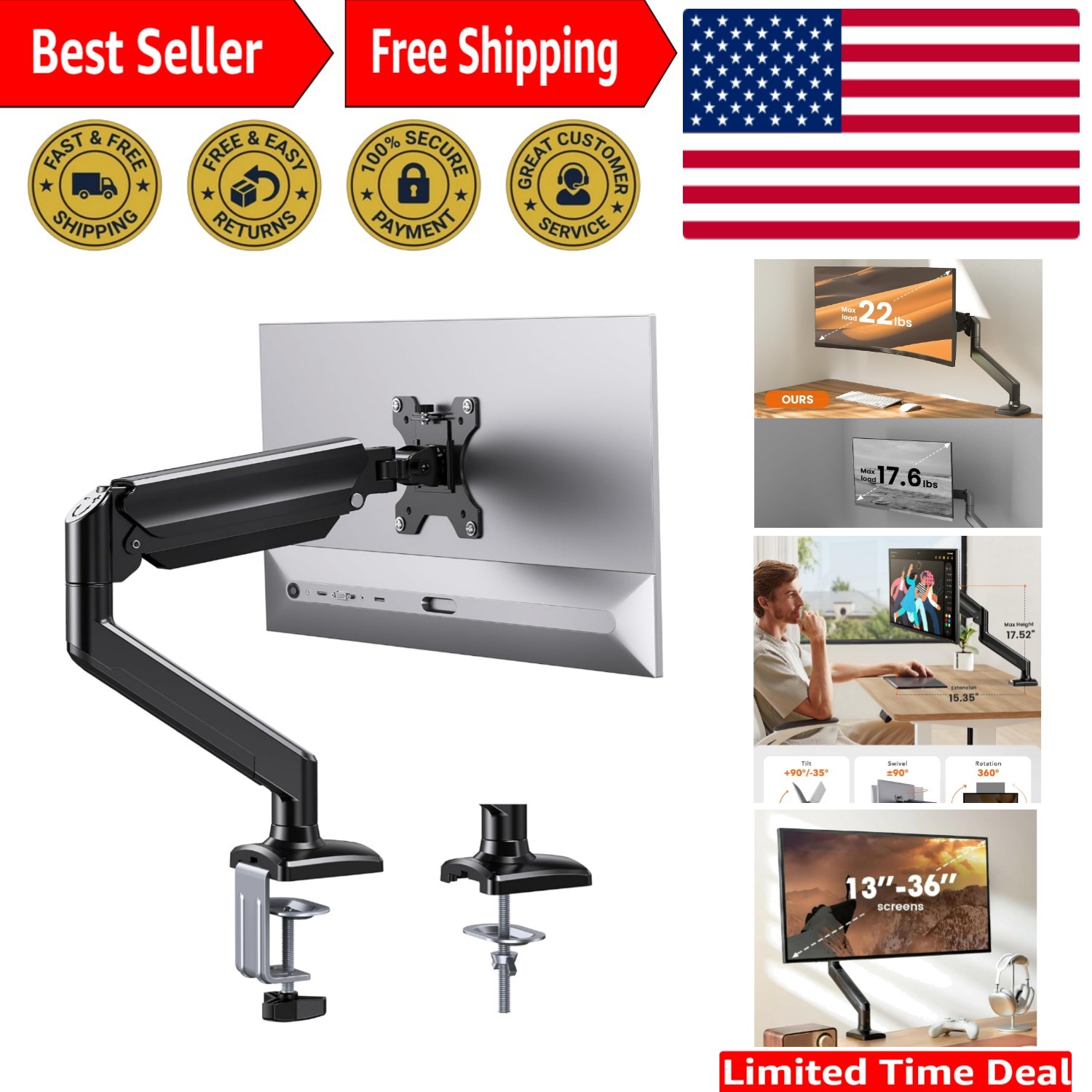 Space-Saving Monitor Arm for 13-36" Displays, Easy Installation, 22 lbs Support