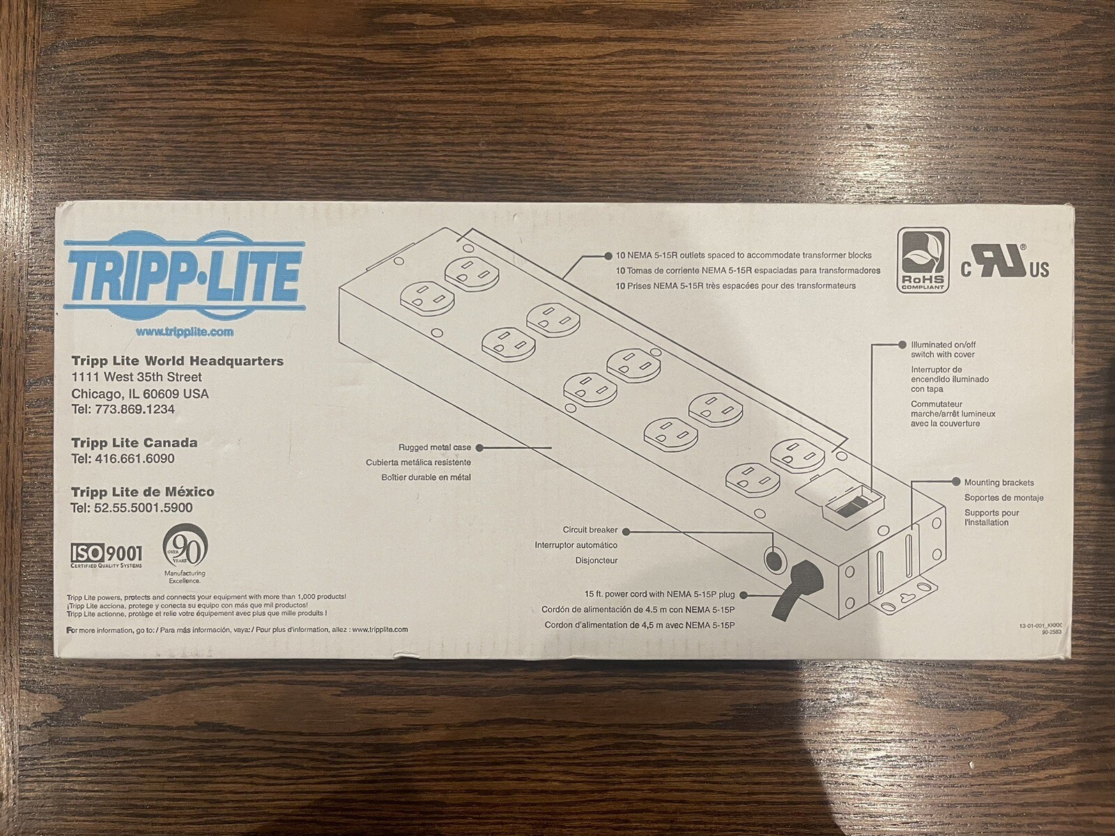 Tripp-Lite TLM1015NC Power Strip, 10 Outlets, Metal Case, 15 ft. Cord. 10 Way