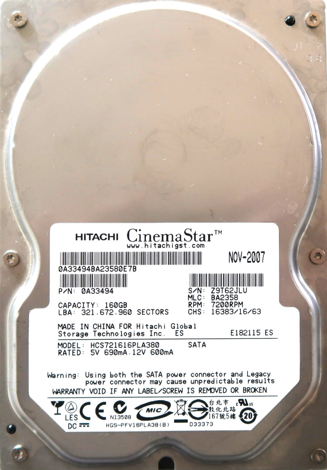 Hitachi CinemaStar HCS721616PLA380 0A33494 7200rpm 3.5" 160gb Sata hard drive