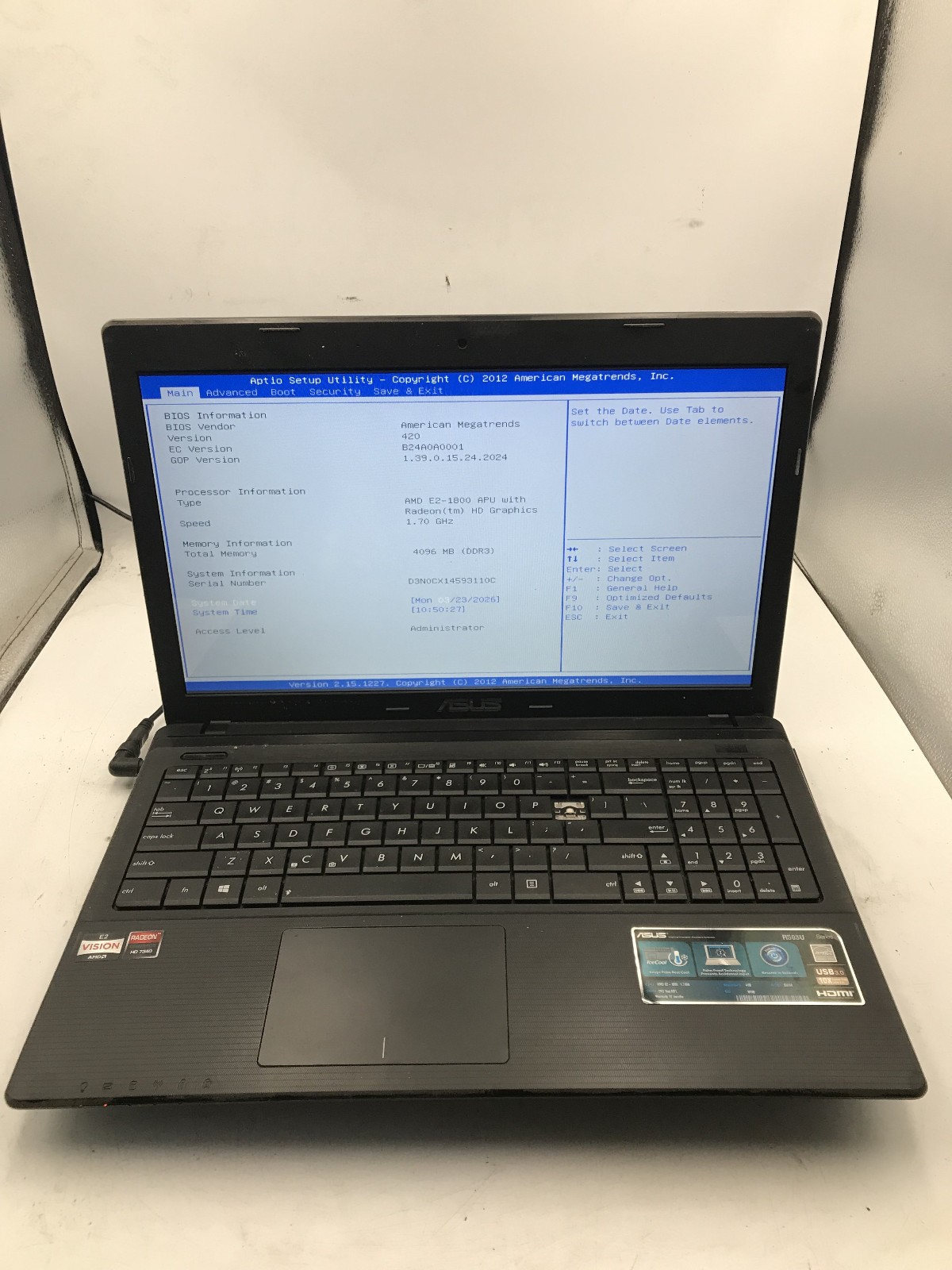 ASUS R503U LAPTOP - BOOTS TO BIOS - AMD E2 1800 - 4GB RAM - READ DESC - BB