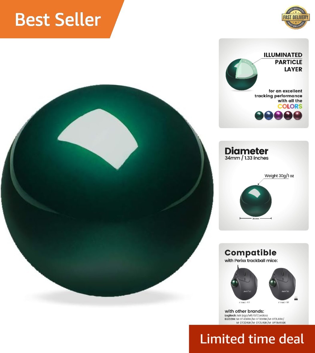 Peripro-303GLG Trackball, 1.34 Inch Replacement Ball for Perimice and M570, G...