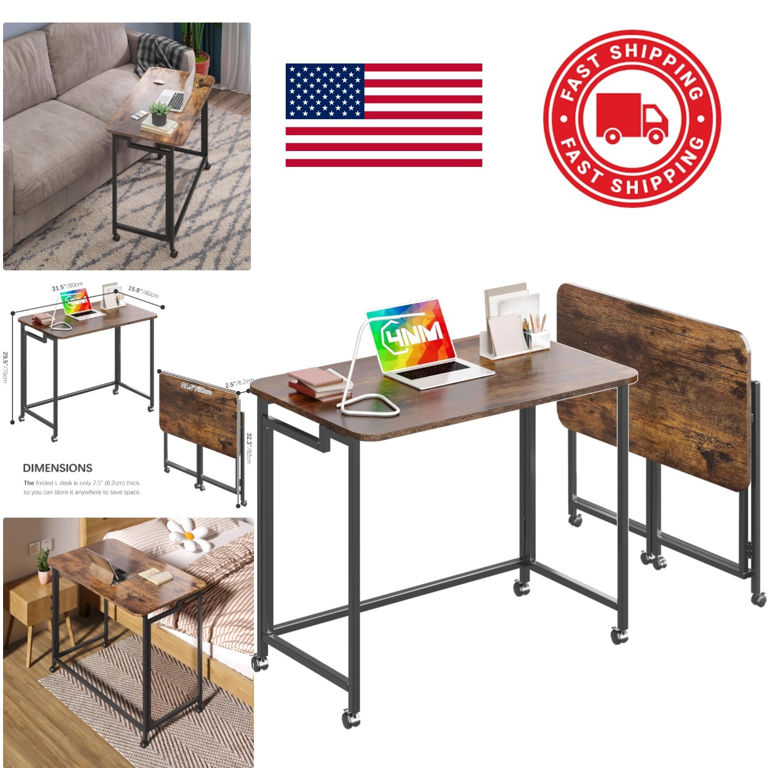 Mobile Folding Computer Desk 31.5 Inch Rustic Brown and Black Lightweight Design
