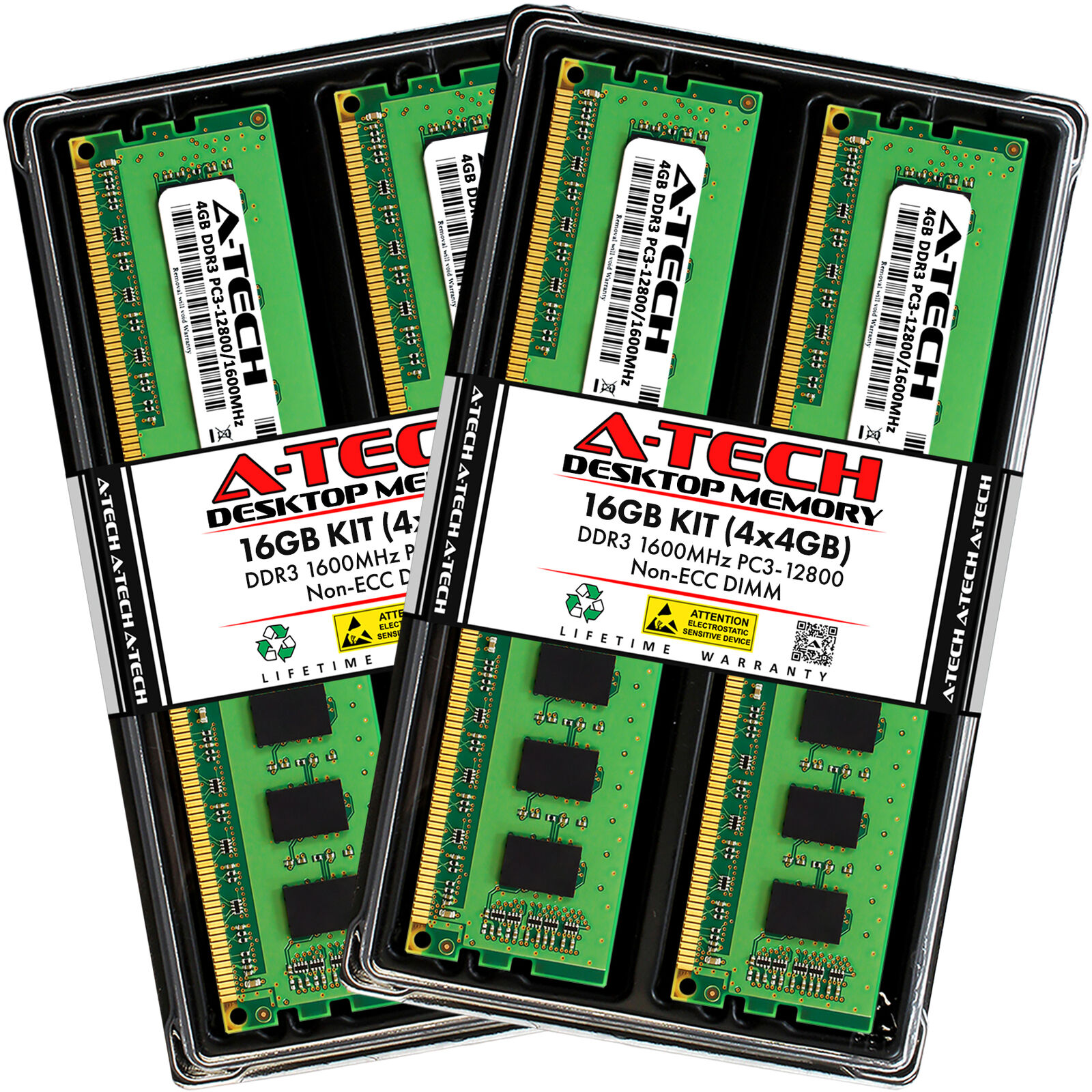 A-Tech 16GB Kit 4x 4GB PC3-12800 Desktop DIMM DDR3 1600 MHz Non-ECC Memory RAM