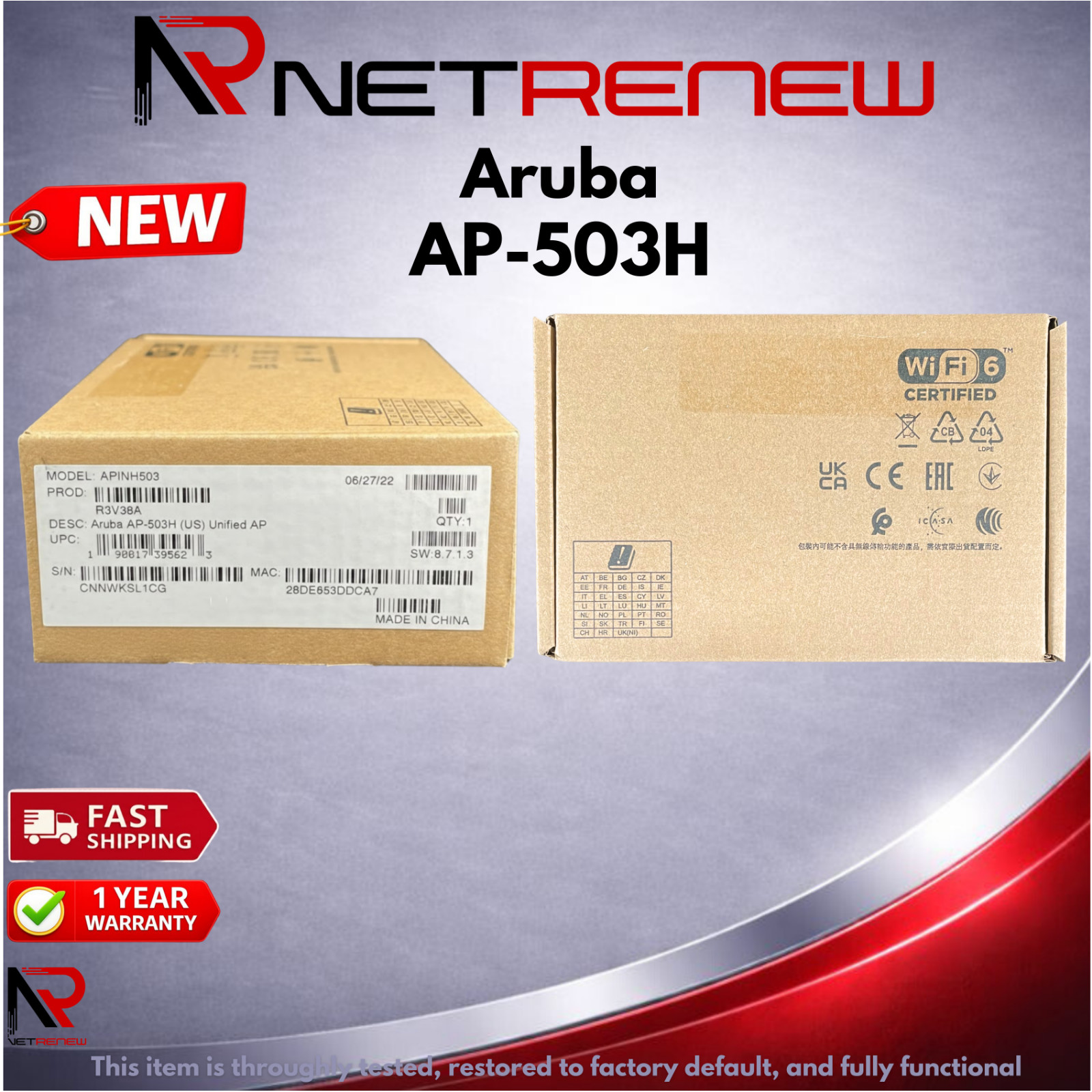 Aruba AP-503H (US) R3V36A  Hospitality Wi-Fi 6 Access Point