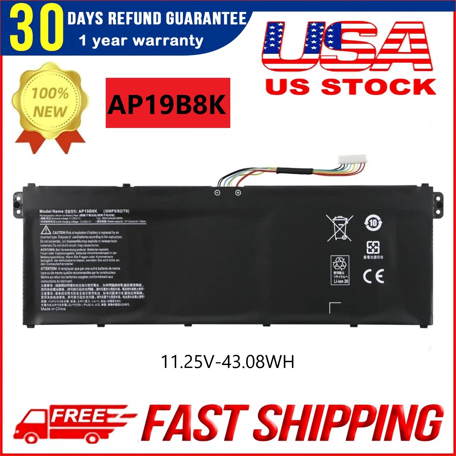 New AP19B8K Laptop Battery for Acer Aspire 5 A514-54-32B7 Aspire A A314-22-R2TB