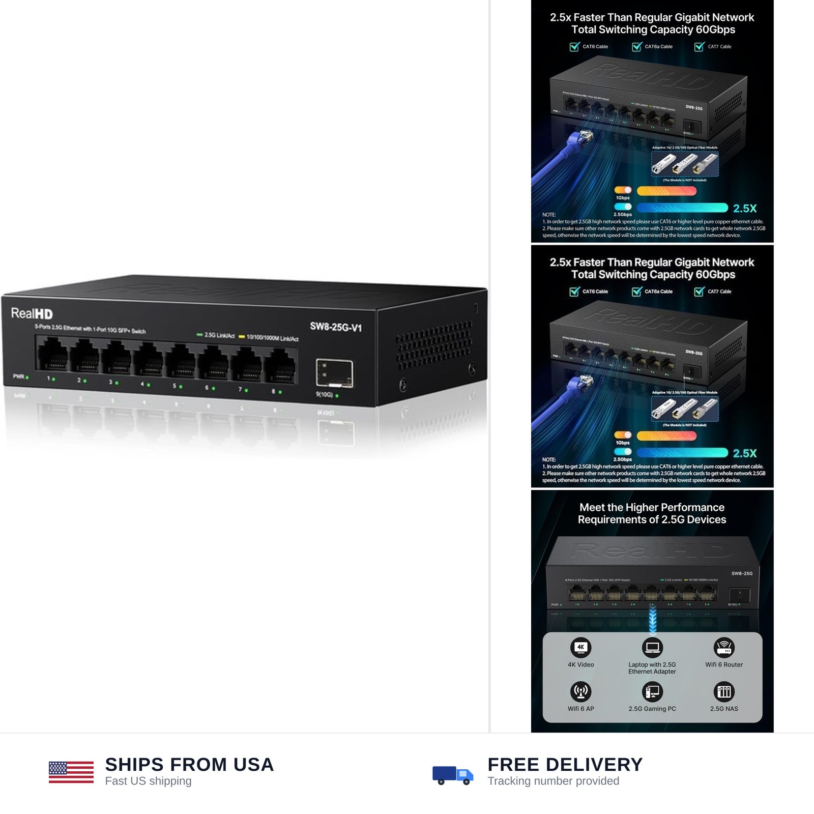 Real HD 8 Port 2.5G Ethernet Switch Unmanaged Network Switch with 8 x 2.5 Gig...