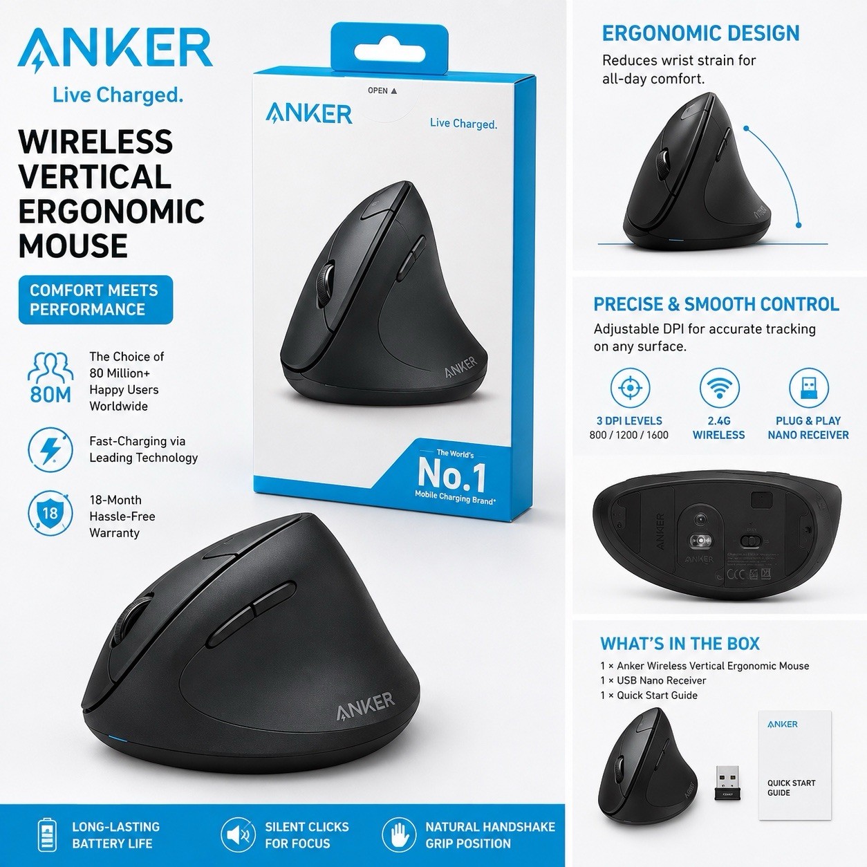 Anker Wireless Vertical Ergonomic Mouse Silent Clicks 1600 DPI 5-Button Black