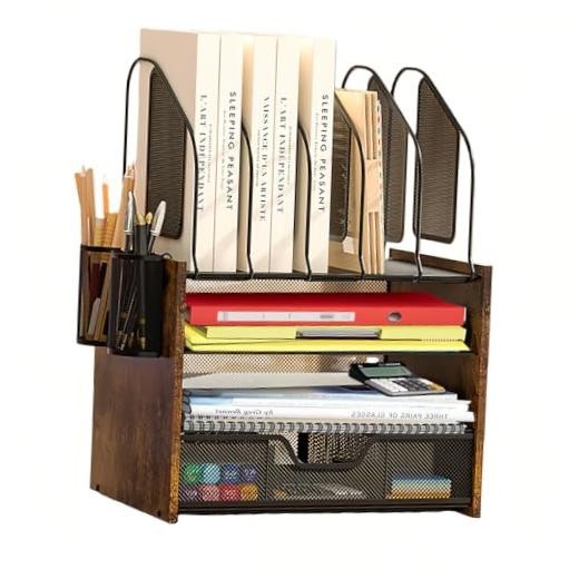 Wood Desk Organizer - 4-Tier Desktop 4 Tier Drawer with Vertical File Holder
