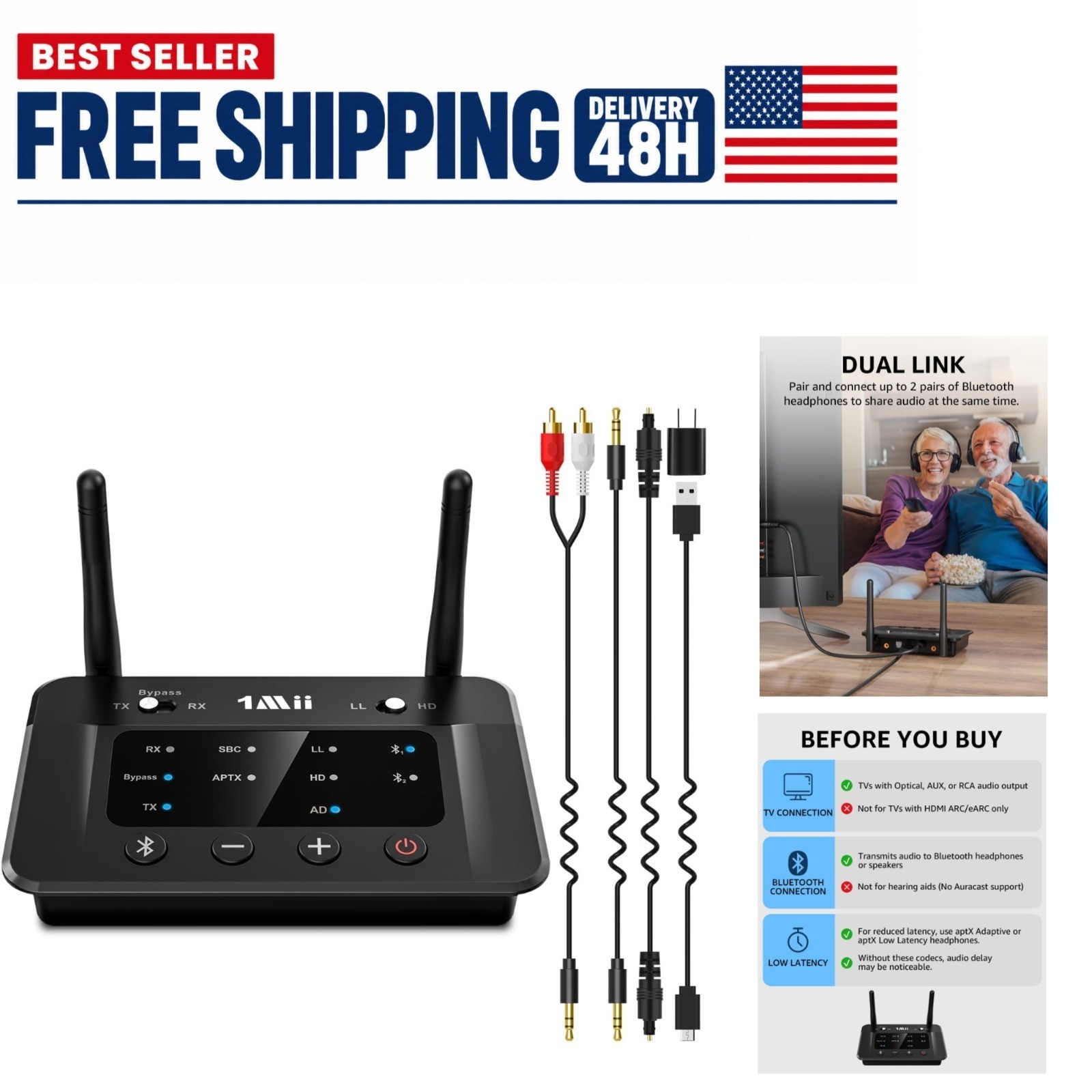1Mii B03 Bluetooth 5.3 Transmitter Receiver for TV, aptX HD Adapter Optical RCA