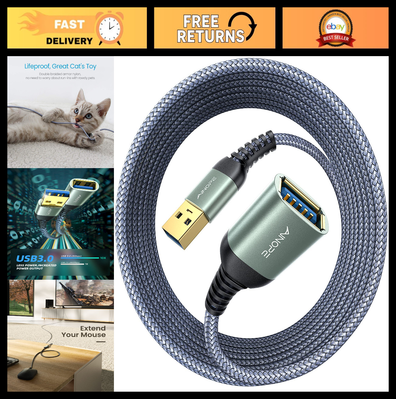 USB 3.0 Extension Cable 2 Pack - 20FT Braided High Speed Male to Female Cord for
