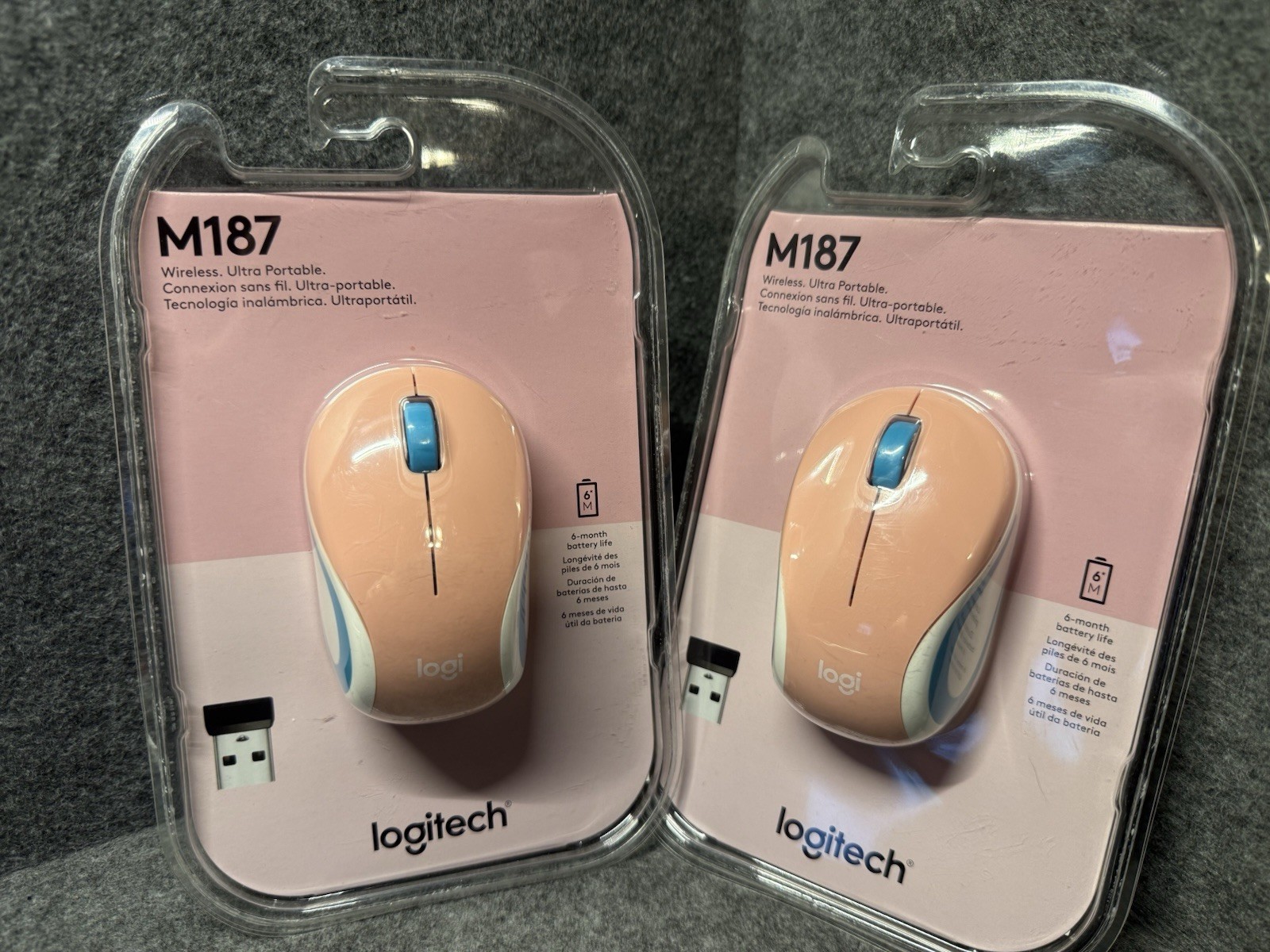 2x Logitech Wireless Mini Mouse M187 Pocket Size Ultra Portable For Laptops Pink