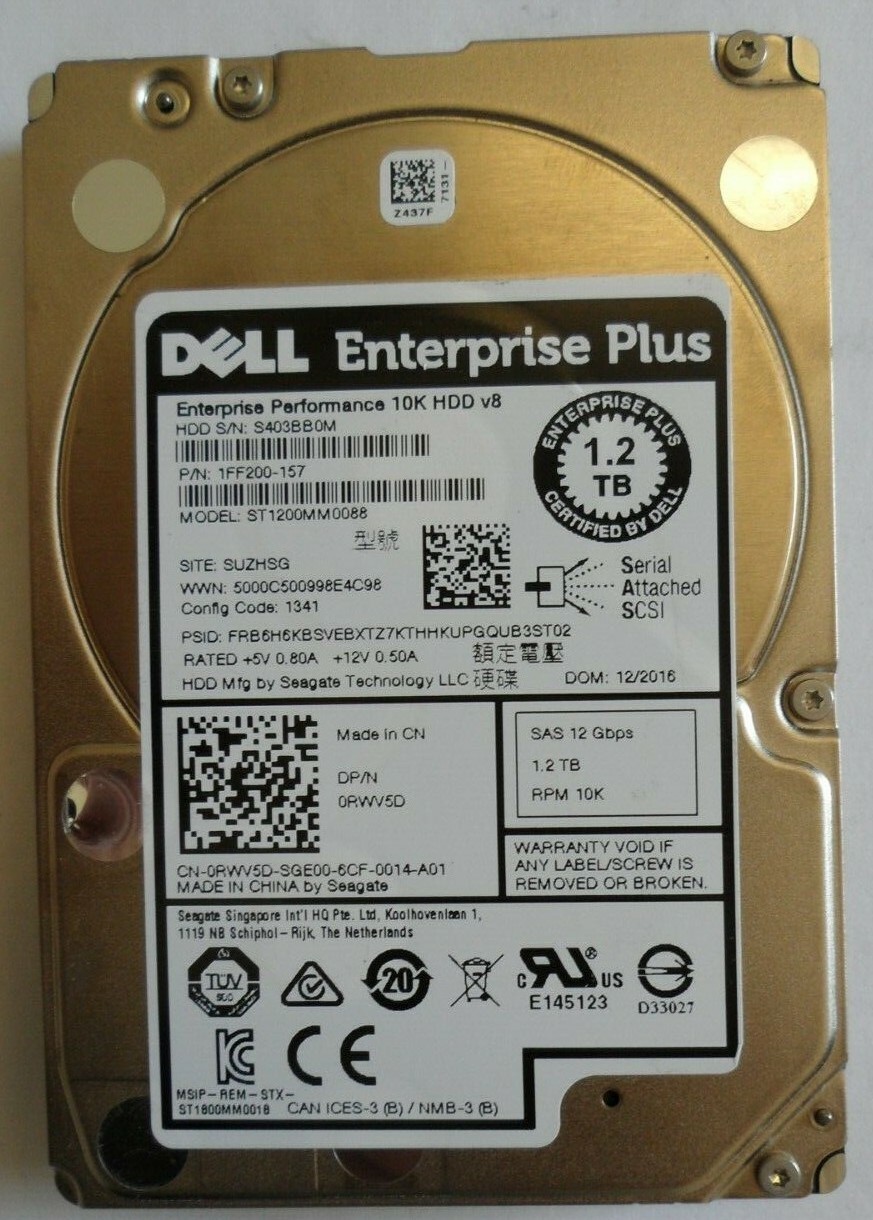 RWV5D Dell 0RWV5D 1.2TB 10K RPM 2.5" SAS 12Gbps Hard Drive W/O TRAY