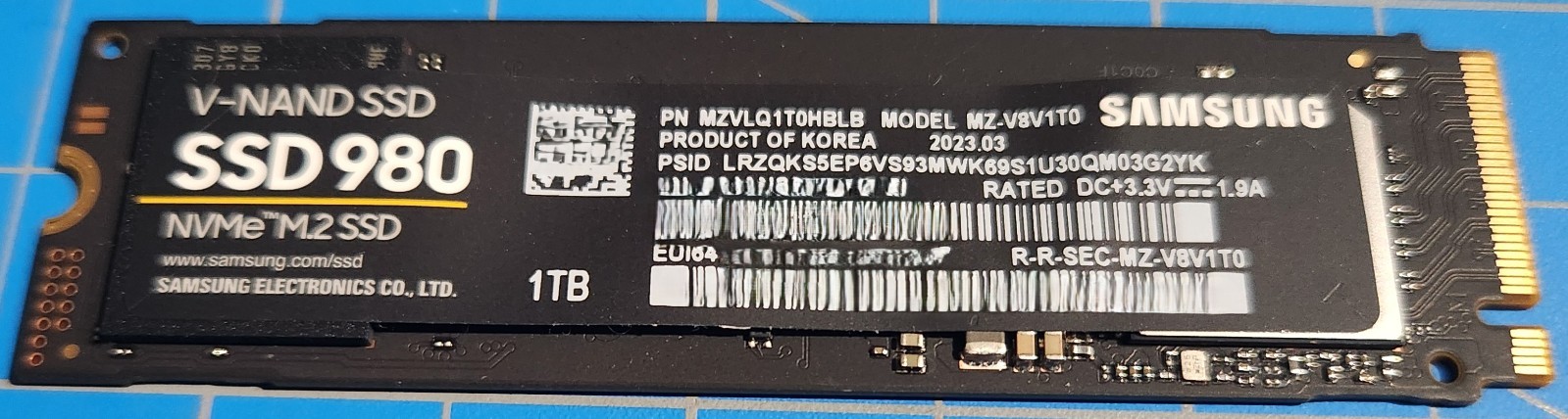 Samsung SSD 980 1TB NVMe M.2 2280 PCIe 3.0 x4 SN S64ANS0W325106E