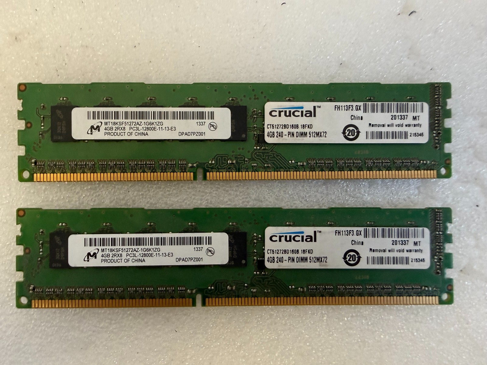 LOT (2) Crucial 4GB DDR3L PC3L-12800E ECC RAM CT51272BD160B 8GB Total