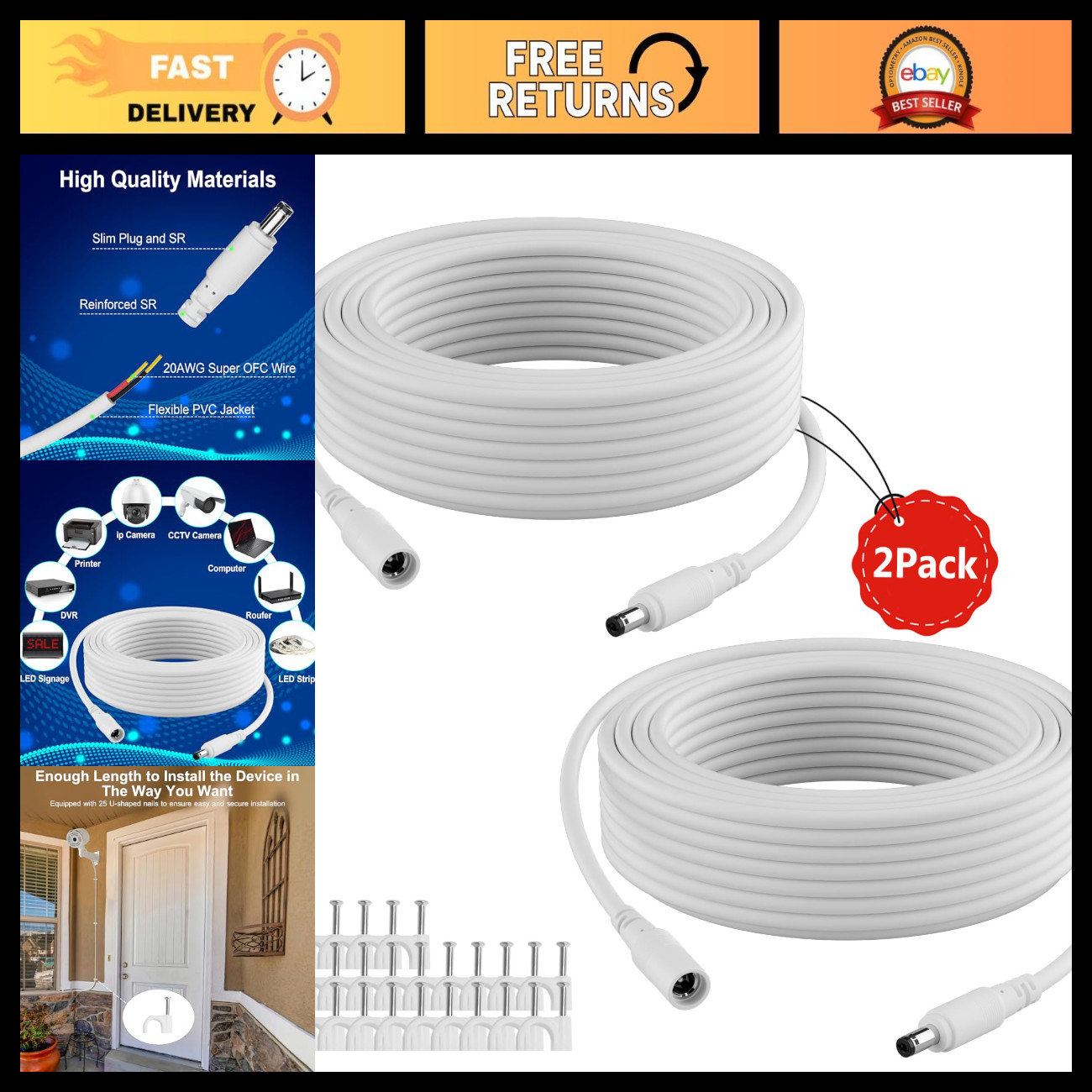 50FT 12V DC Power Extension Cable (2-Pack) - 5.5mm x 2.1mm Adapter for CCTV, LED