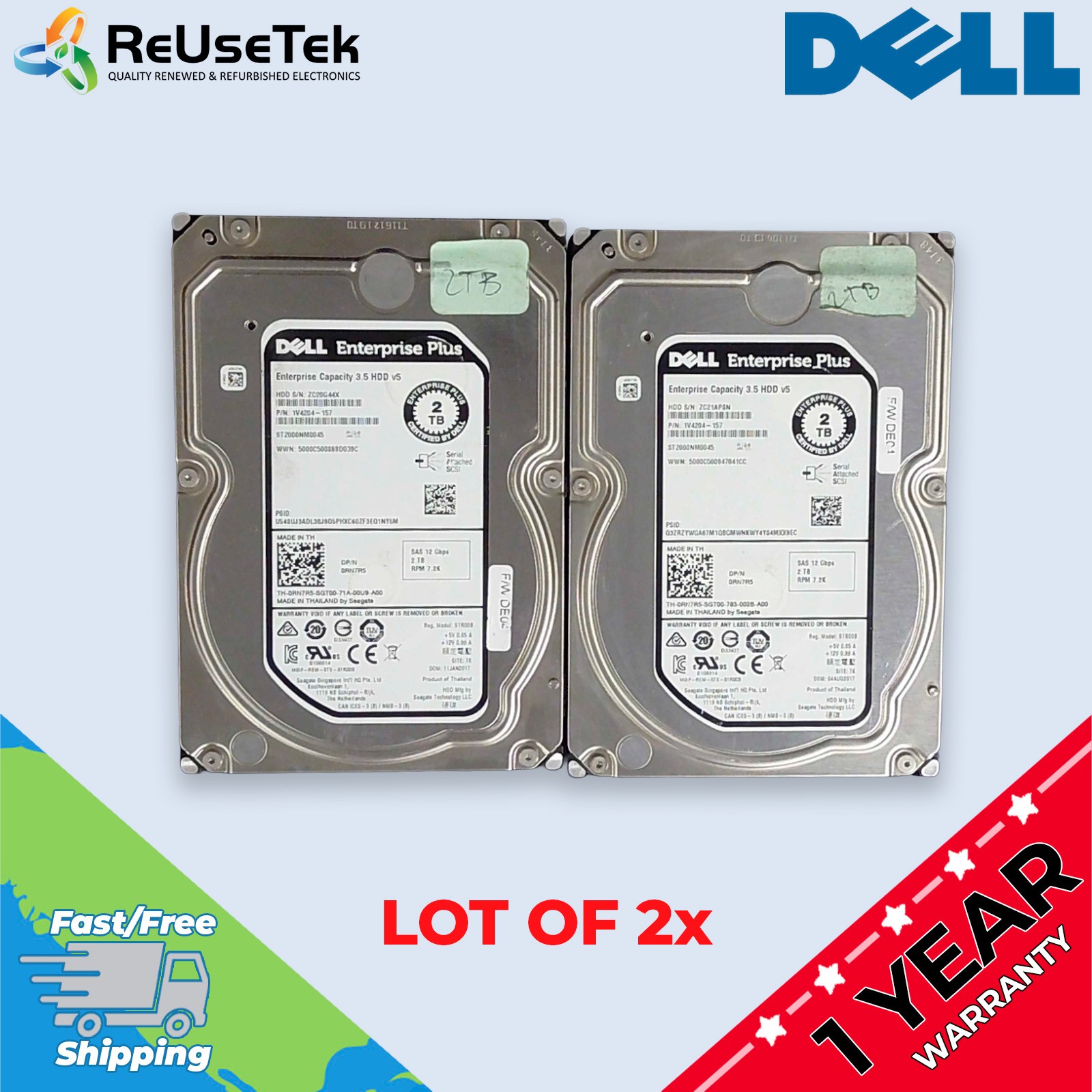 Lot of 2 Dell ST2000NM0045 2TB 7.2K 3.5" SAS 12Gb/s Enterprise Plus HDD 0RN7R5