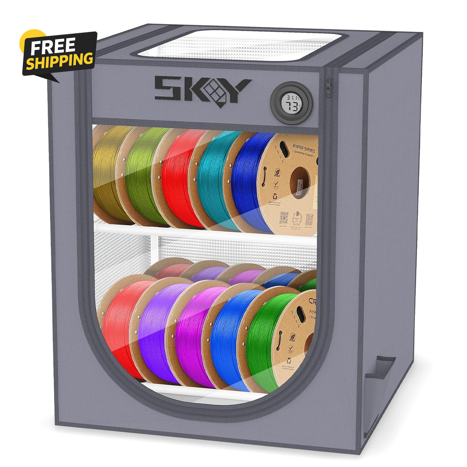 3D Printer Filament Storage Box 20 Rolls 2 Tier Rack Thermo Hygrometer Grey