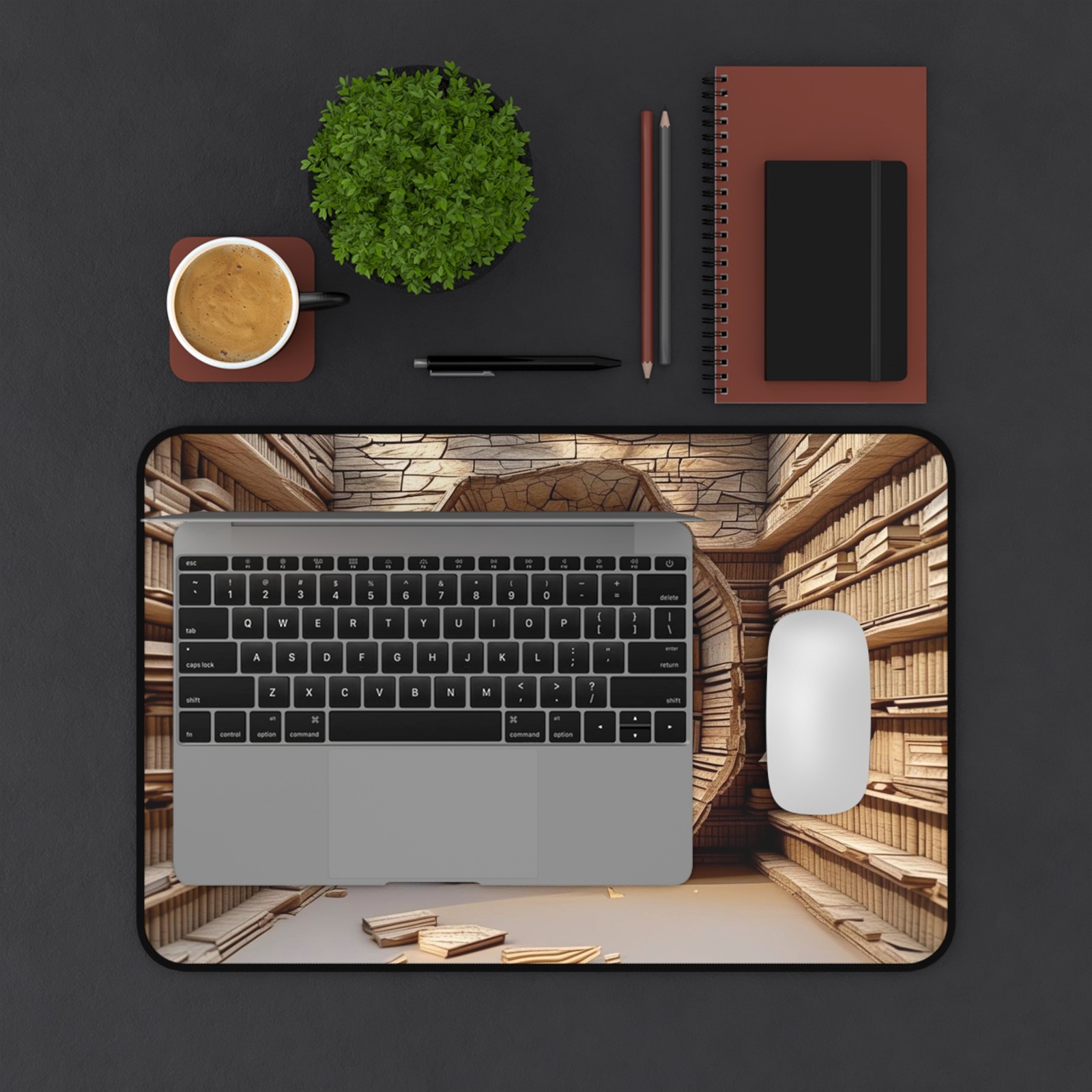 Cozy Library Bookshelf Desk Mat | Bookworm Reading Room Mousepad