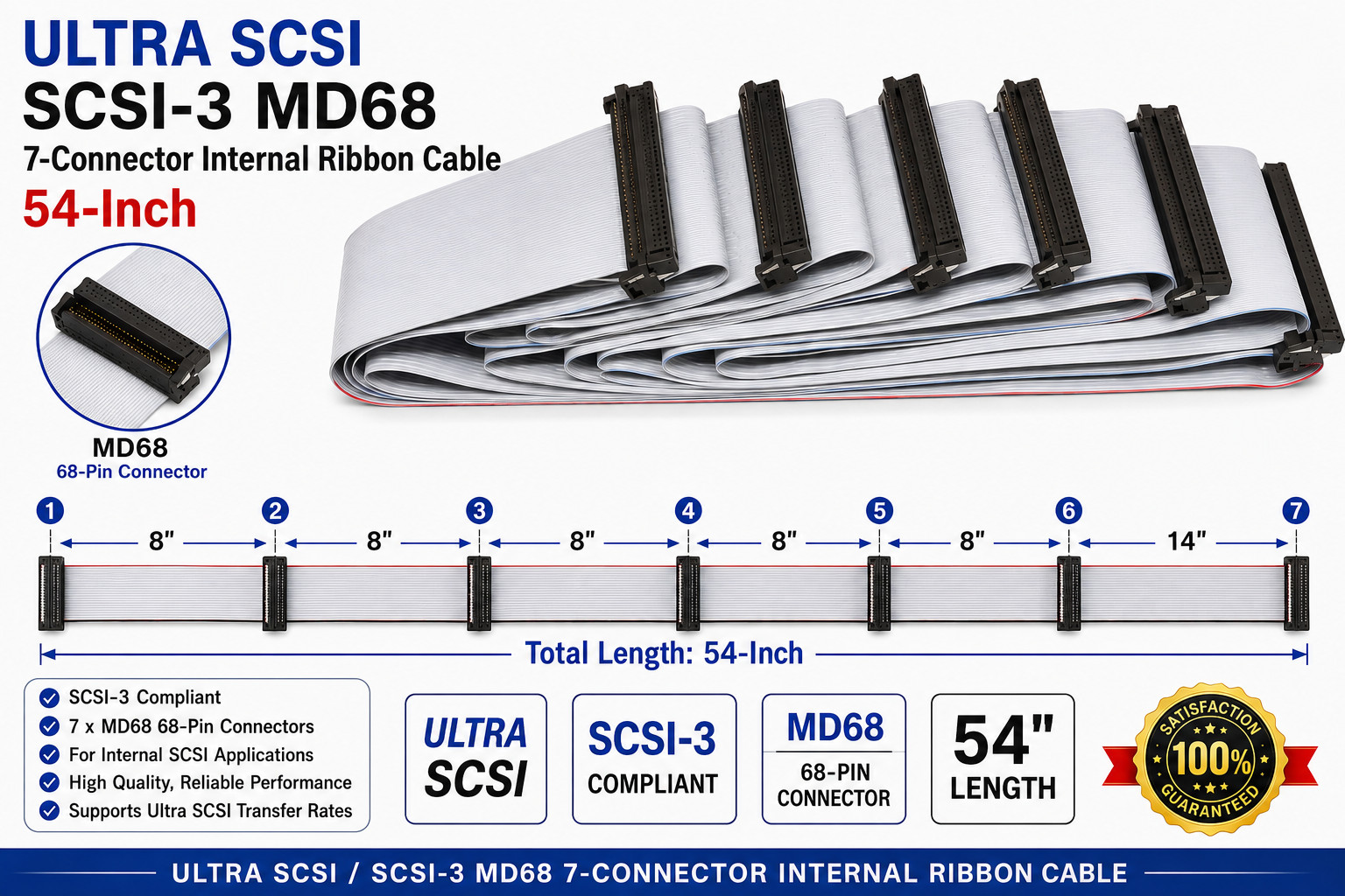 Ultra SCSI SCSI-3 MD68 68-Pin 7-Connector Internal Ribbon Cable 54-Inch