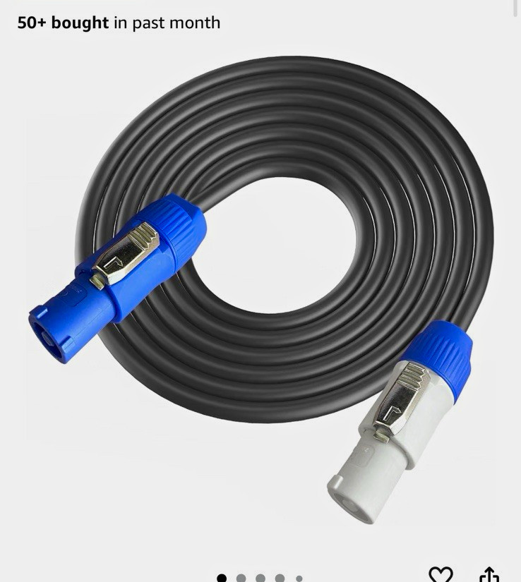 3-Pin PowerCON to PowerCON Extension Cable 6 ft Flexible 20A 250V Black