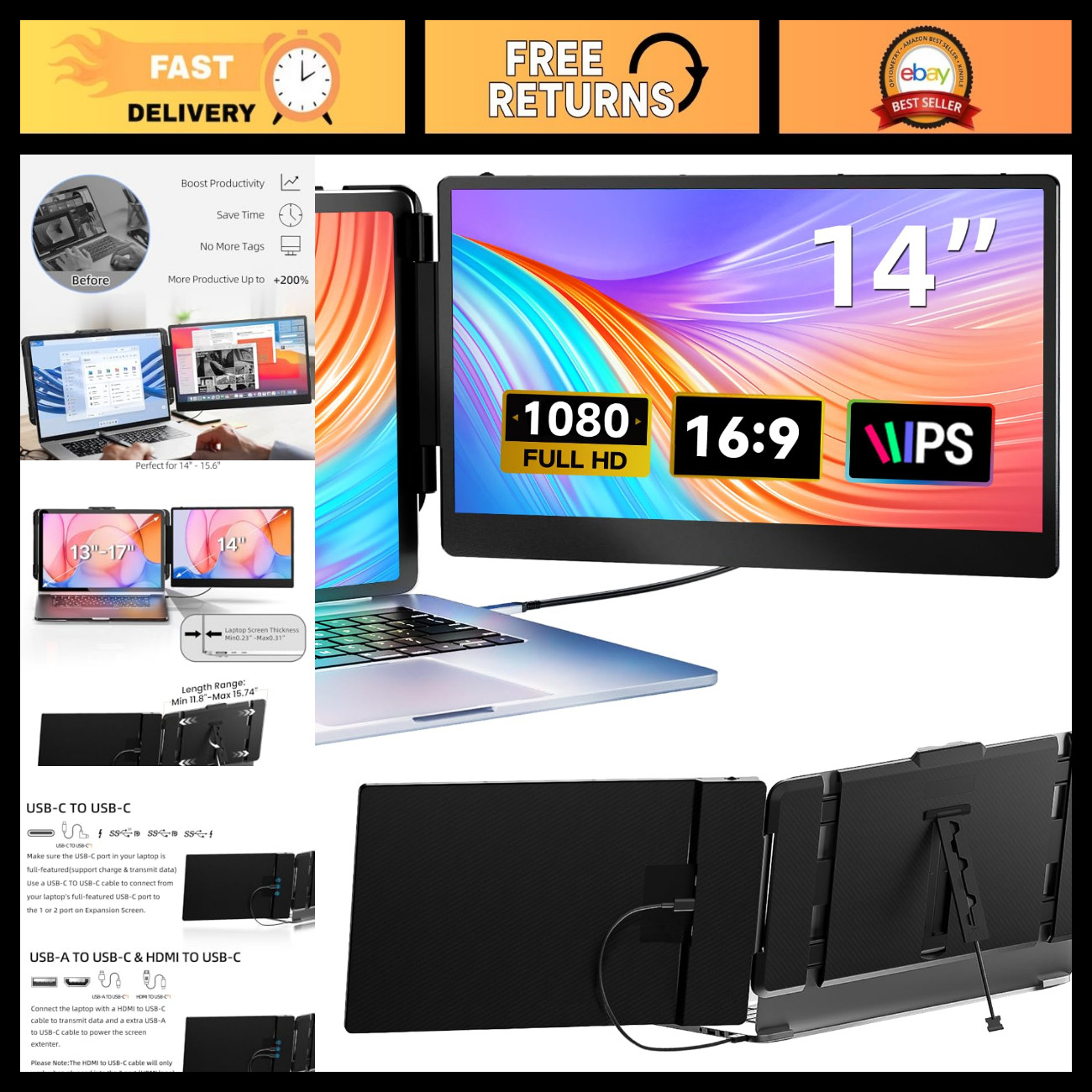 14" FHD 1080P Portable Laptop Screen Extender, Dual Monitor for 13.3"-17" Laptop