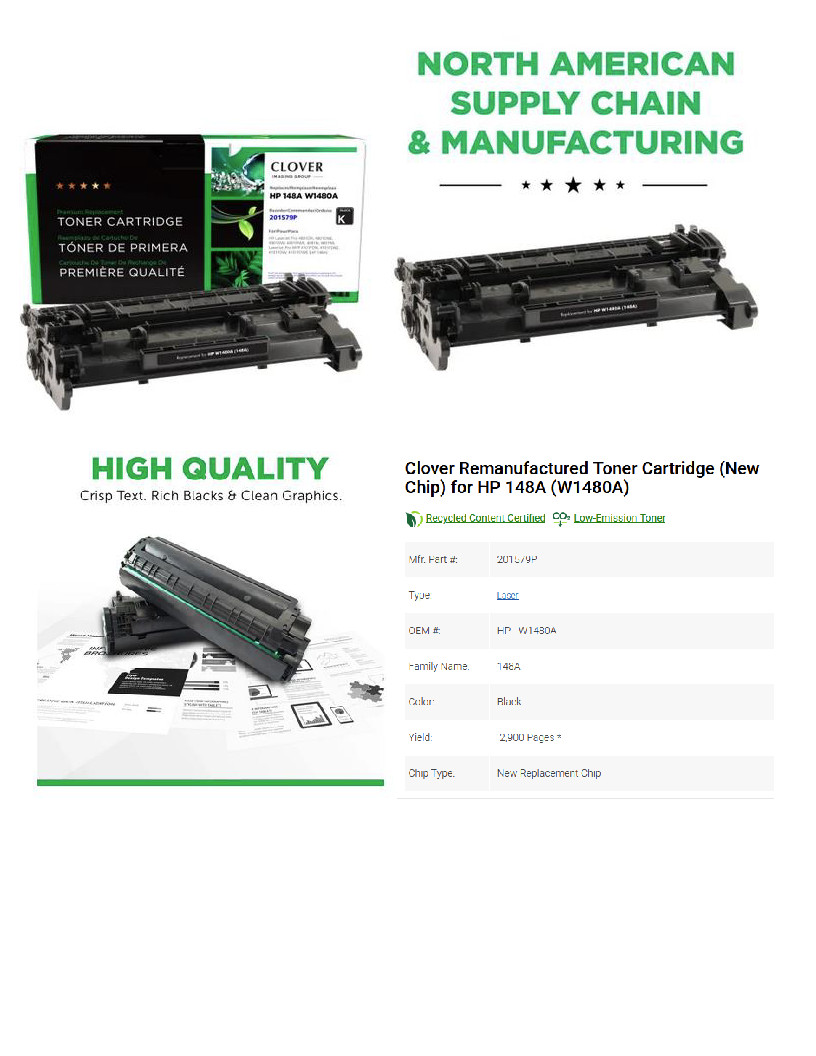 Two (2) Clover Replacement Toner Cartridge (New Chip) for HP 148A (W1480A)