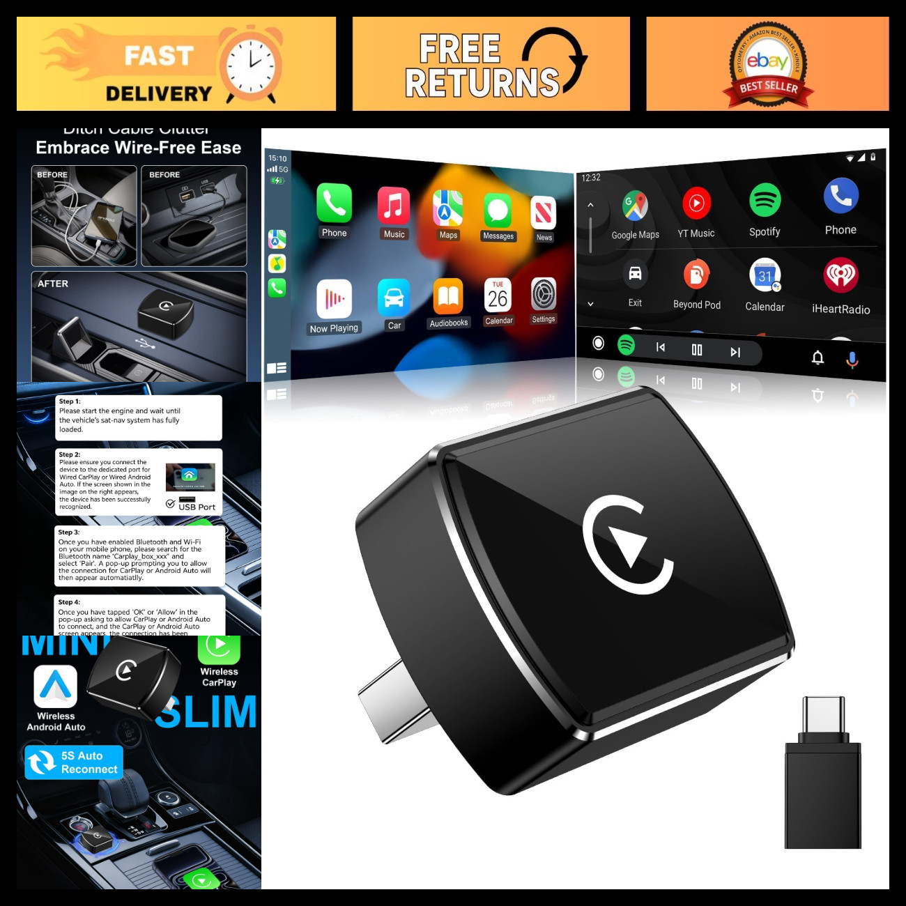Wireless CarPlay Adapter - USB/USB-C, Compatible with iPhone & Android Devices