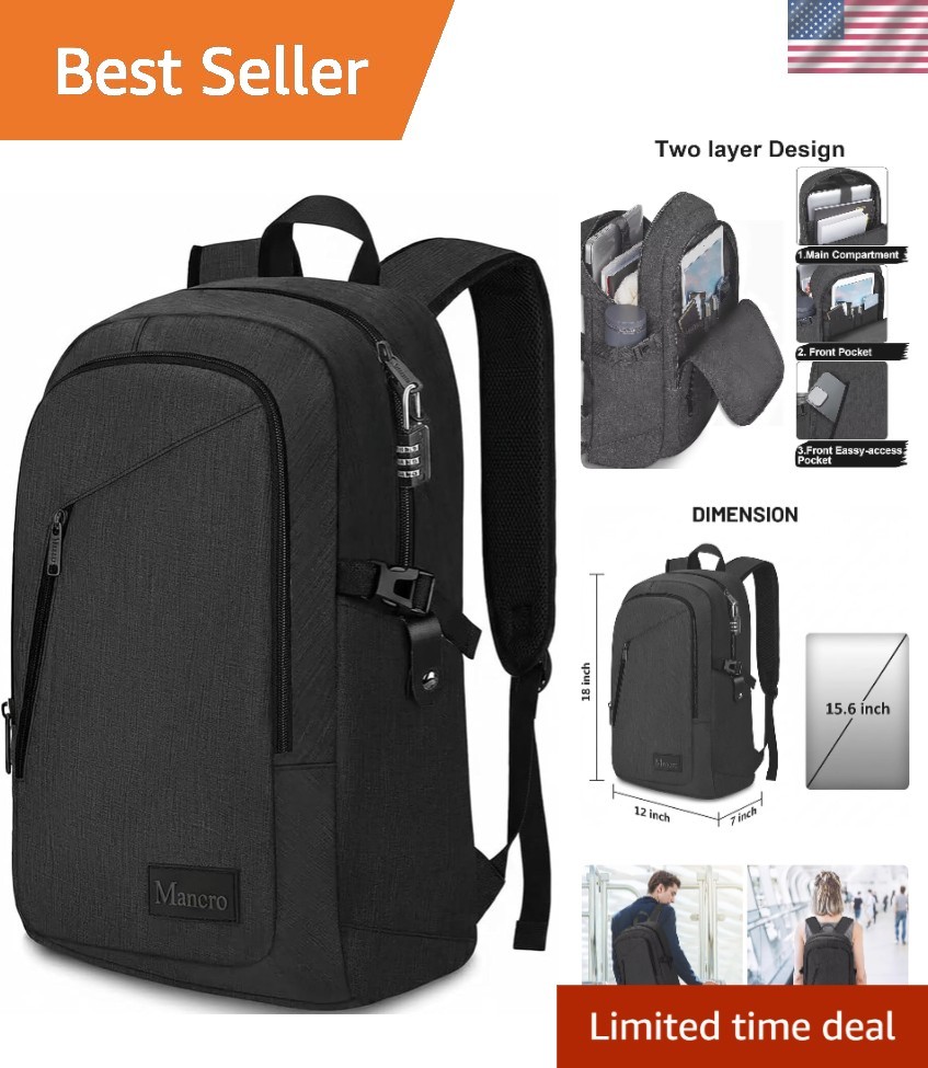 Anti-Theft Business Travel Laptop Backpack Fits 15.6 Inch - Sleek Black Design