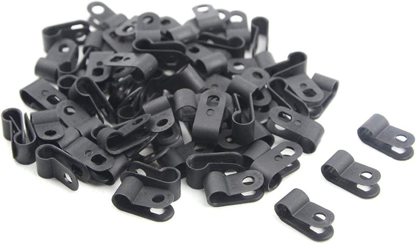 200Pcs 1/4" Nylon Cable Clamps, R Type Wire Clips Fasteners Kit, Black Plastic