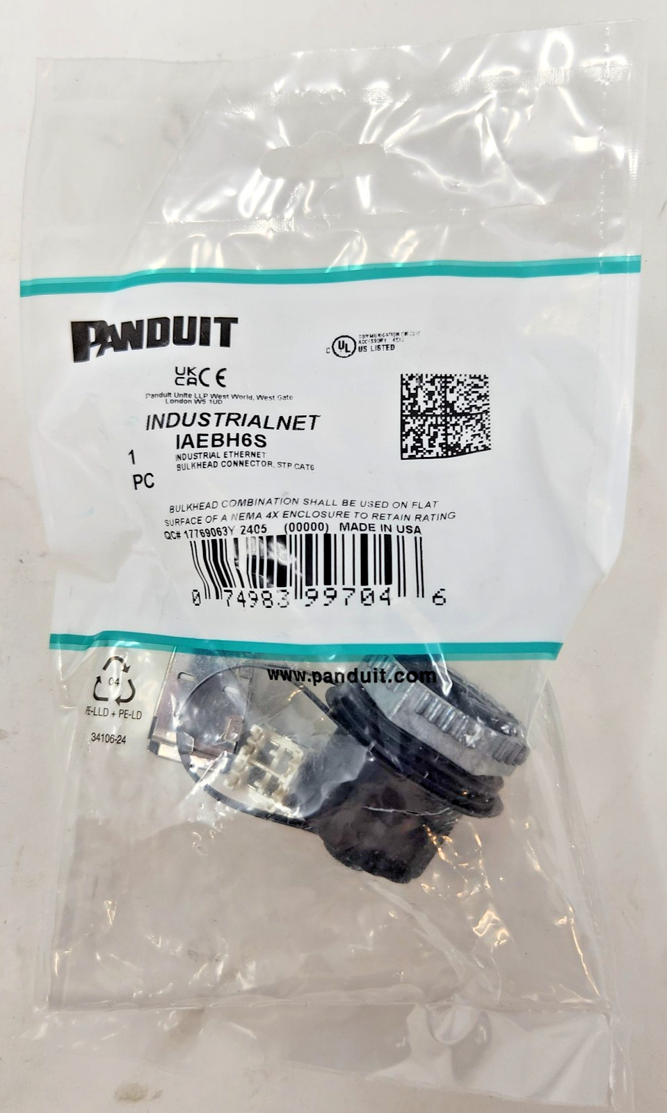 Panduit Industrial Cat 6 RJ45 Shielded Bulkhead Connector with Protective Cap