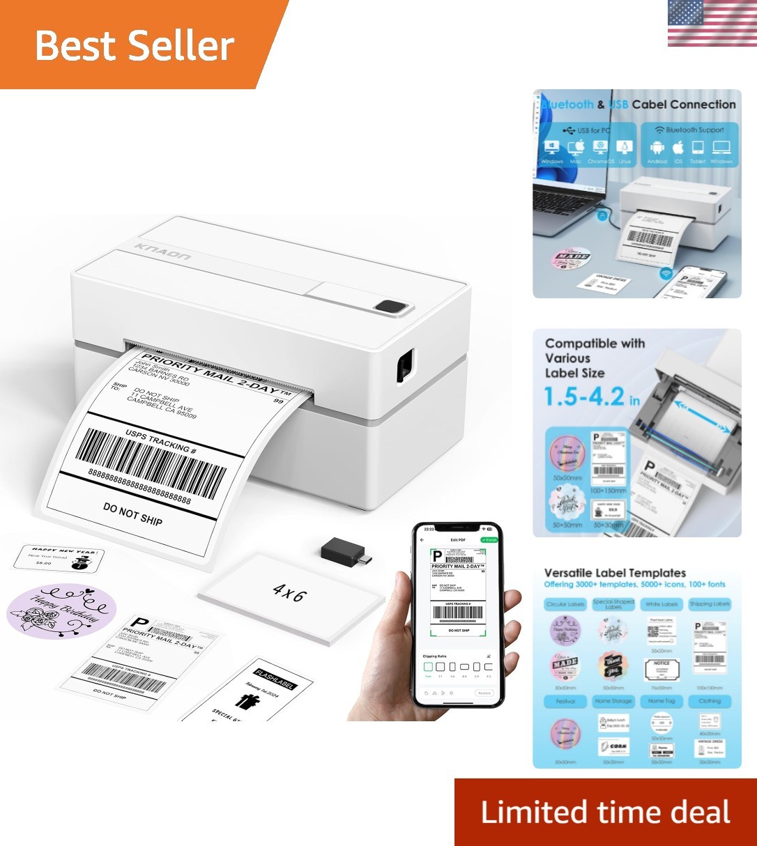 Versatile Bluetooth Thermal Label Printer - Customizable 4x6 Labels & Templates