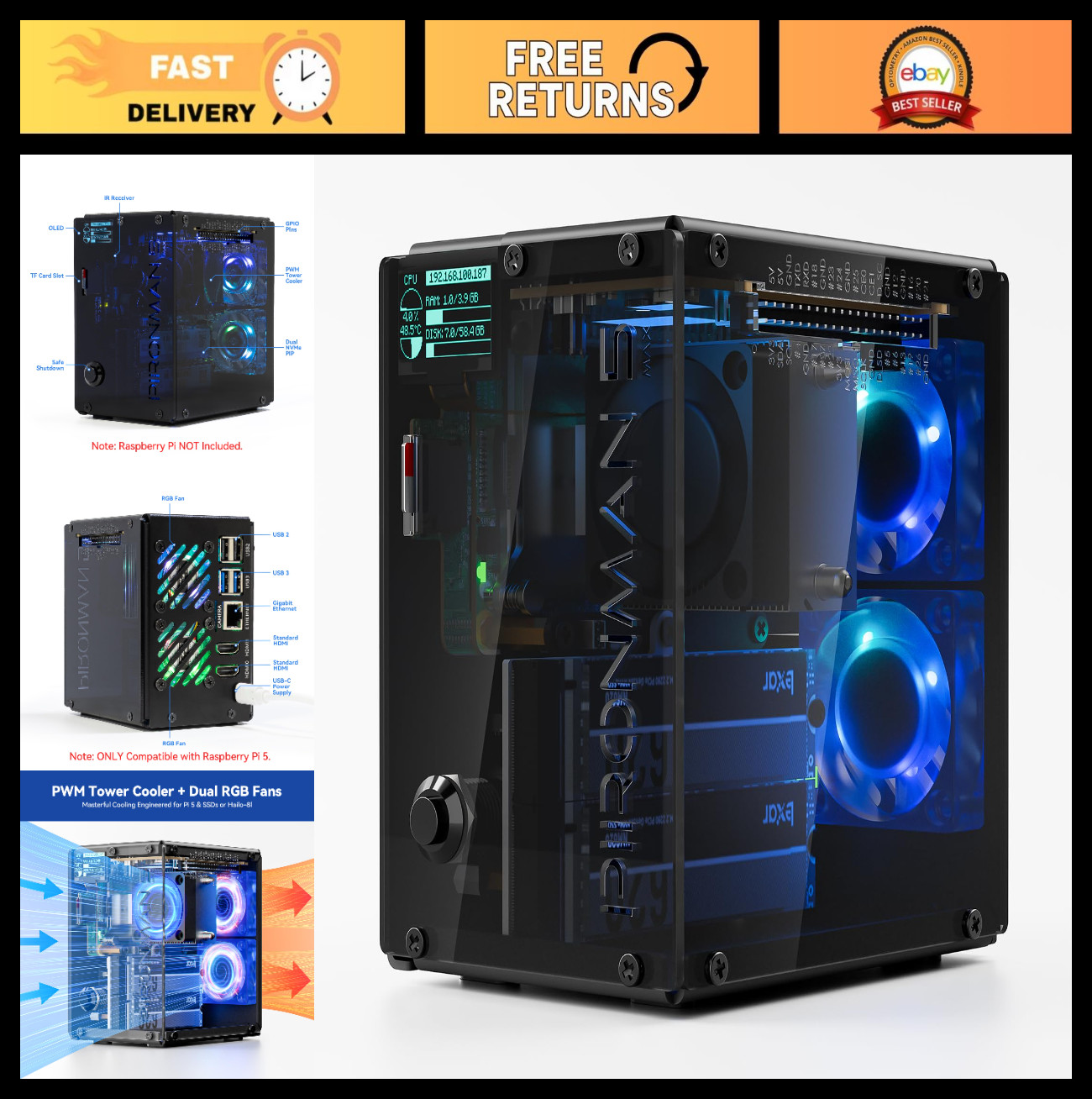 5-MAX Raspberry Pi 5 Case with Dual NVMe M.2 SSD, Mini PC NAS RAID, PWM Cooler &
