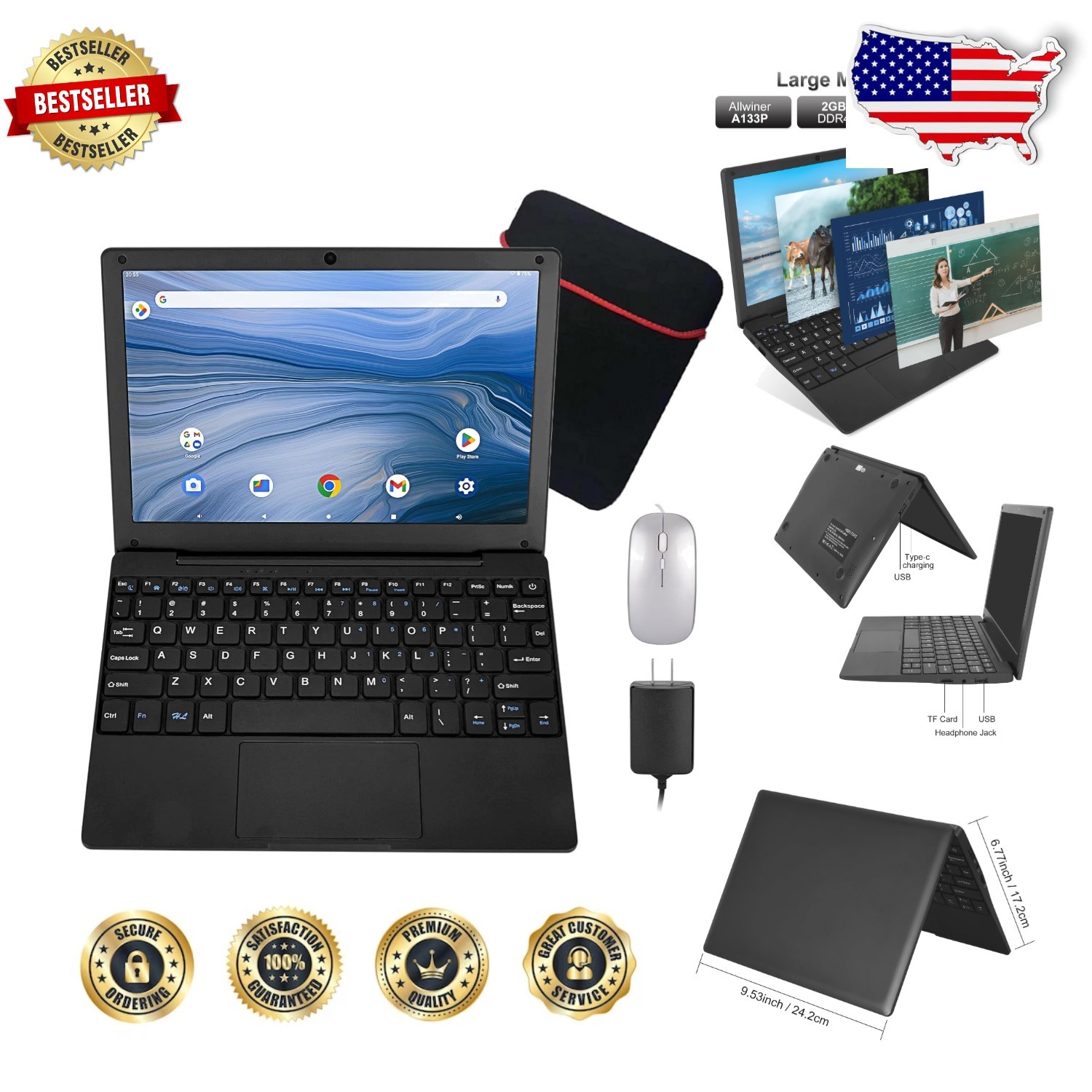 Sleek Black 10.1" Android 12 Laptop Quad-Core 2GB RAM 64GB eMMC w/ Bag