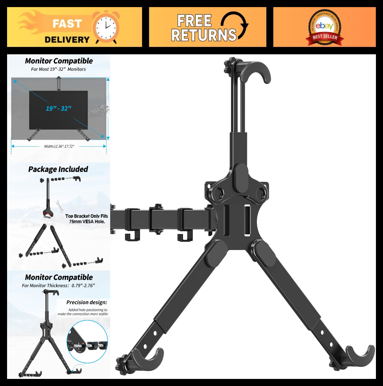 Universal VESA Mount Adapter Kit for Non-VESA Monitors 19-32" - Max Load 17.6lbs