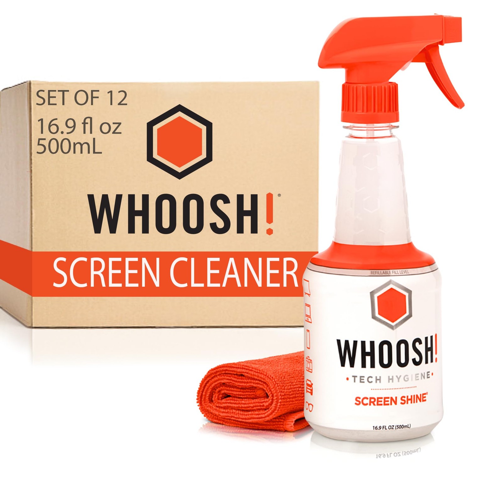 WHOOSH Screen Shine Pro – TV Screen Cleaner & Cloth, Set of 12, 16.9 fl oz