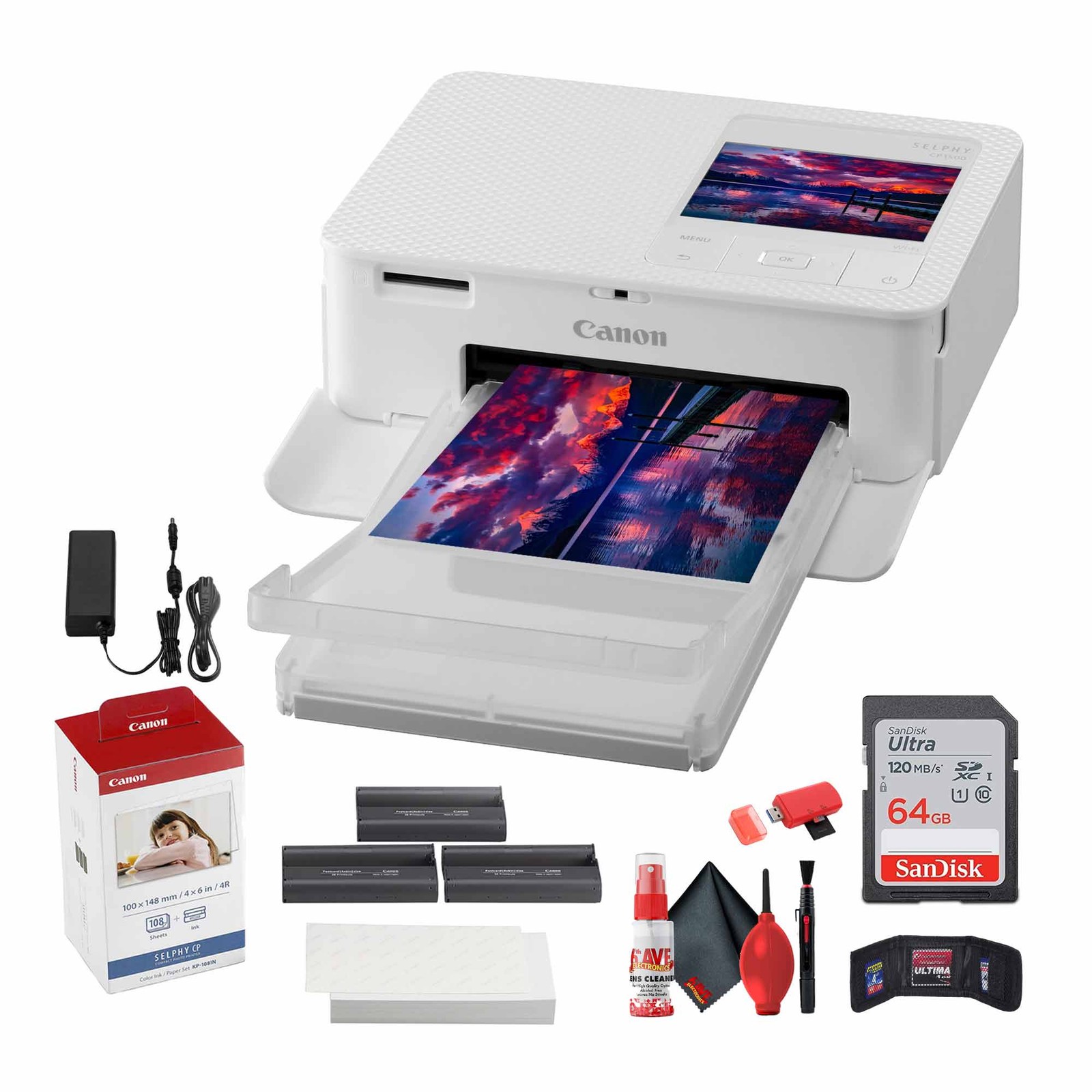 Canon SELPHY CP1500 Photo Printer (White) + Canon Color Ink and Paper Set + More
