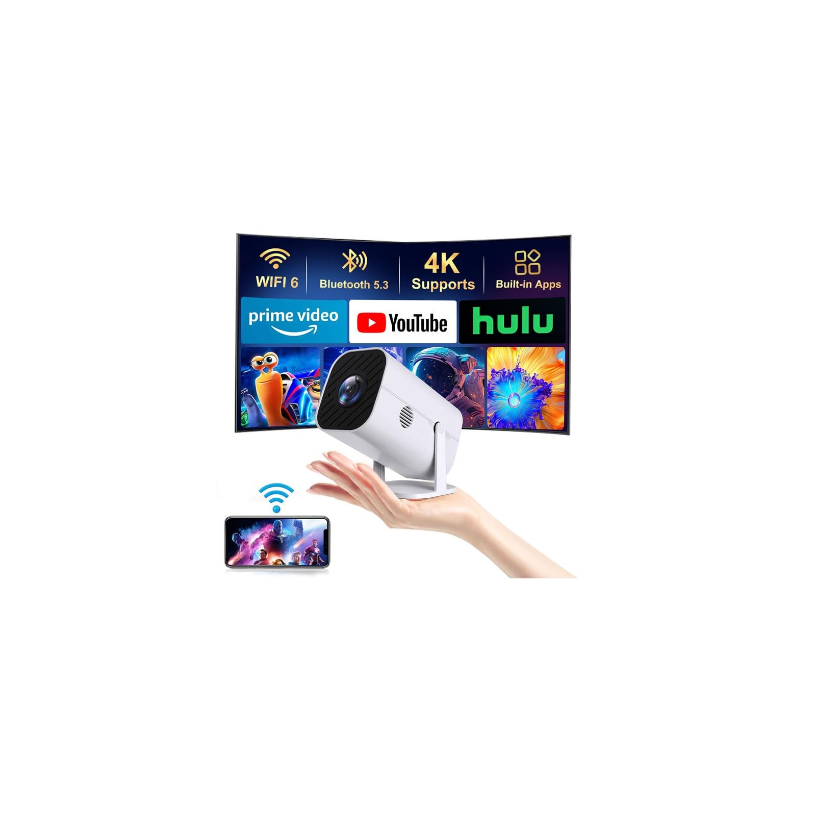 【Built-in APPS & Electric Focusing & 210° Rotation】Mini Projector With Wifi...