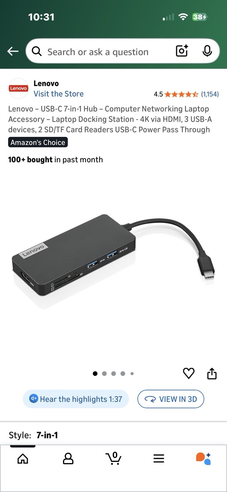 Lenovo USBC 7-in-1 HubComputer Networking Laptop Accessory LaptopDocking Station