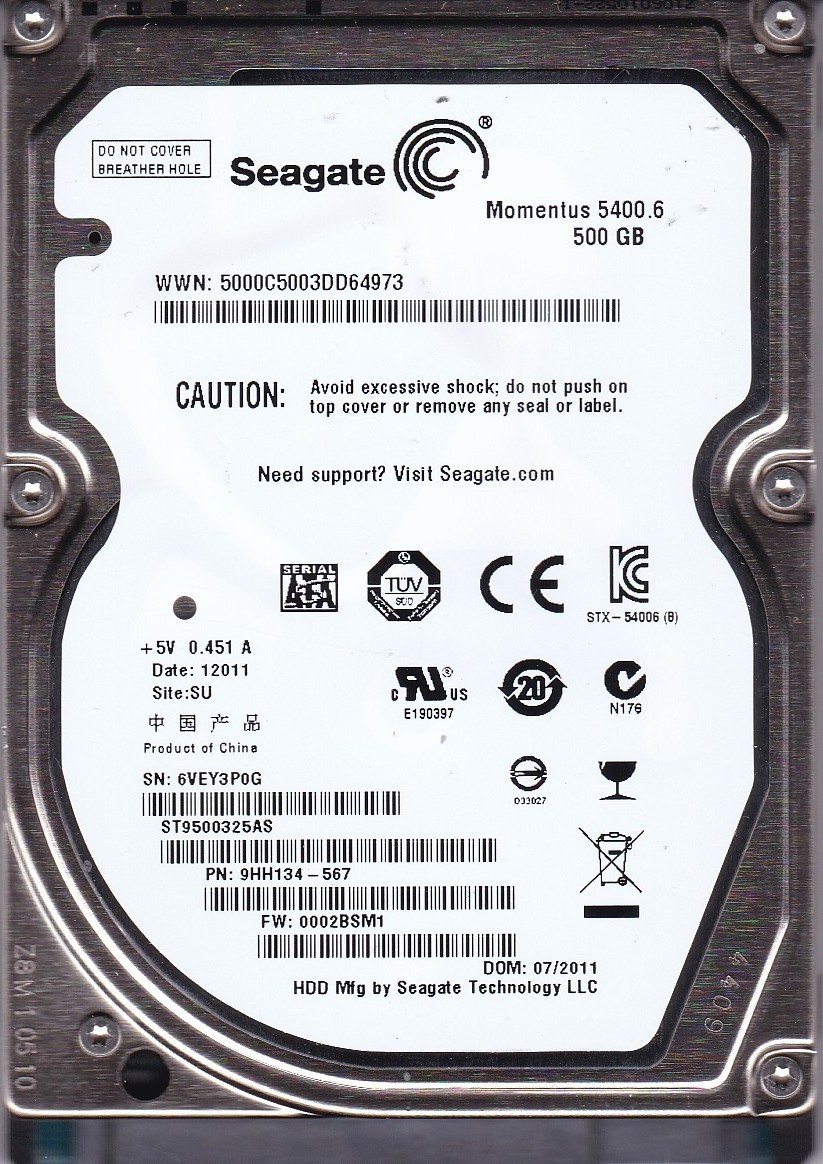 ST9500325AS pn: 9HH134-567 fw: 0002BSM1 s/n: 6VEY SU 500GB SATA 2.5" SEAGATE