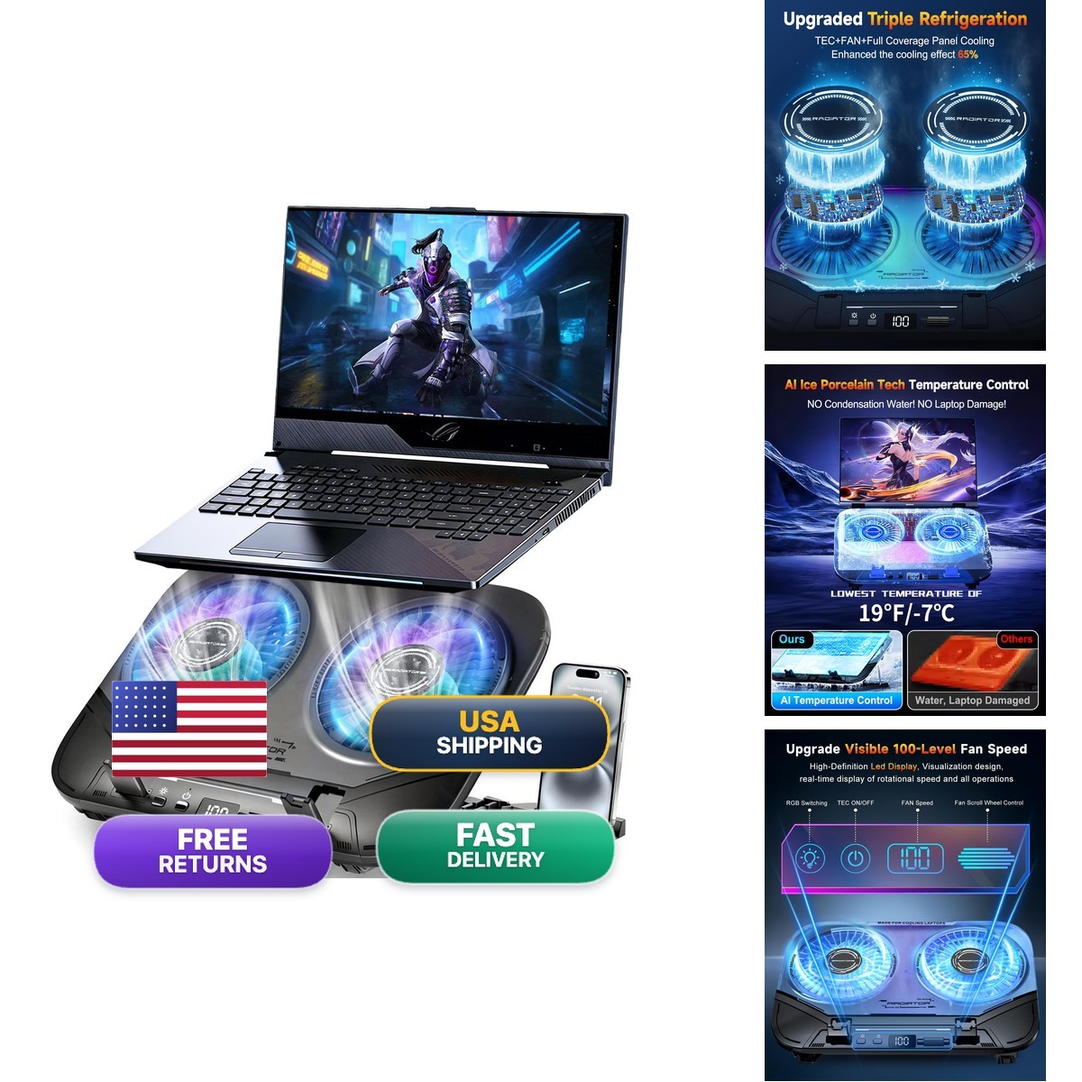WEKEFON Upgraded Laptop Cooling Pad Dual TEC Coolers & 2 Quiet Fans-RGB Laptop