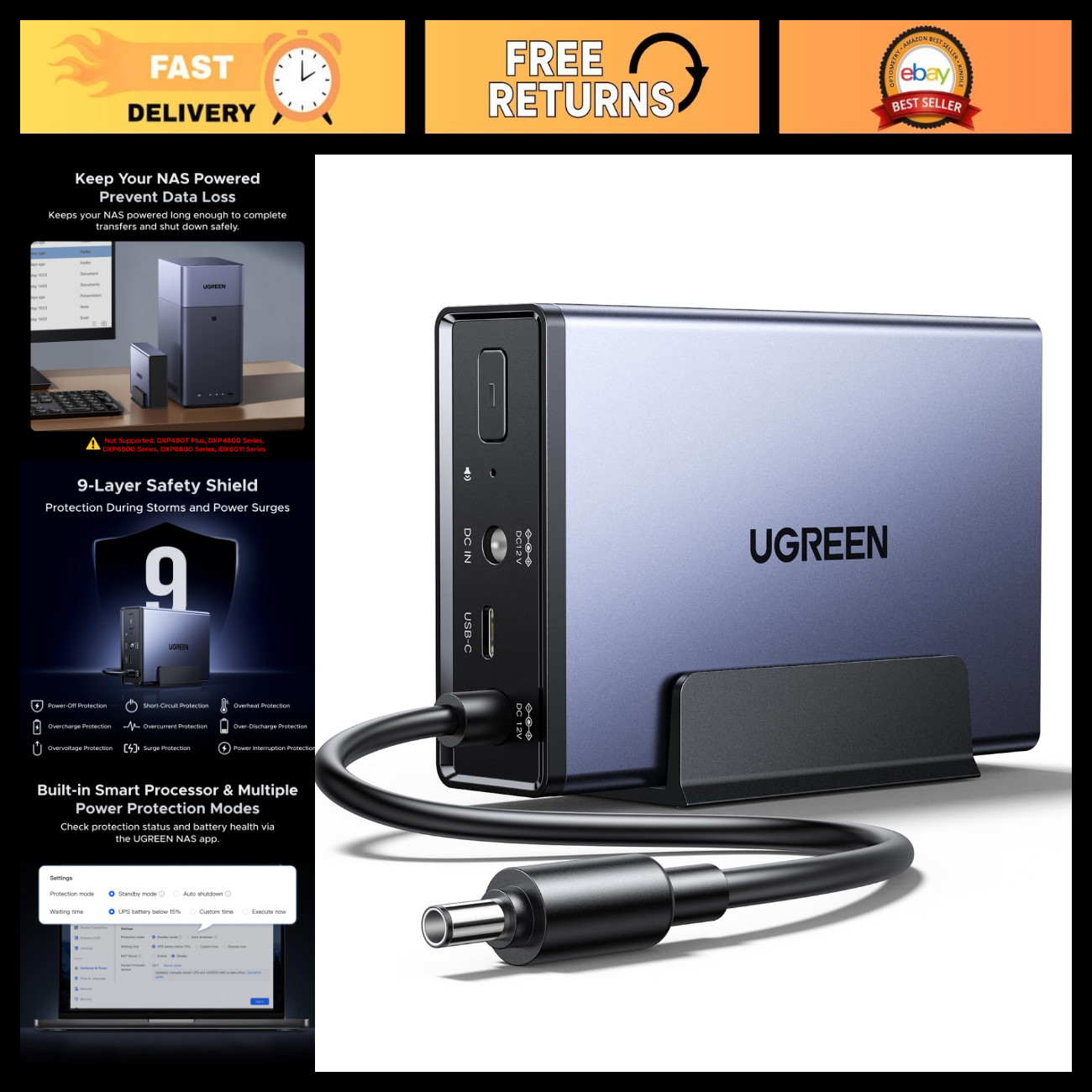72W DC Battery Backup & Surge Protector - UPS for NAS Systems, Reliable Power Su