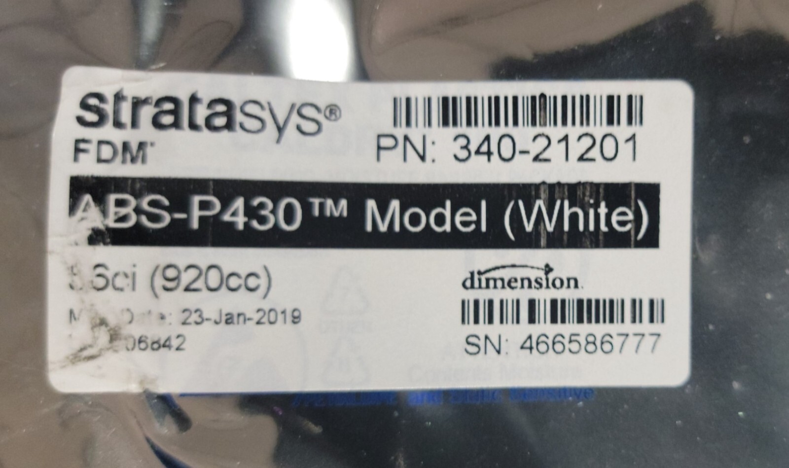 STRATASYS ABS-P430 Model (White) 56ci (920cc) FDM 340-21202 SN: 4665866777