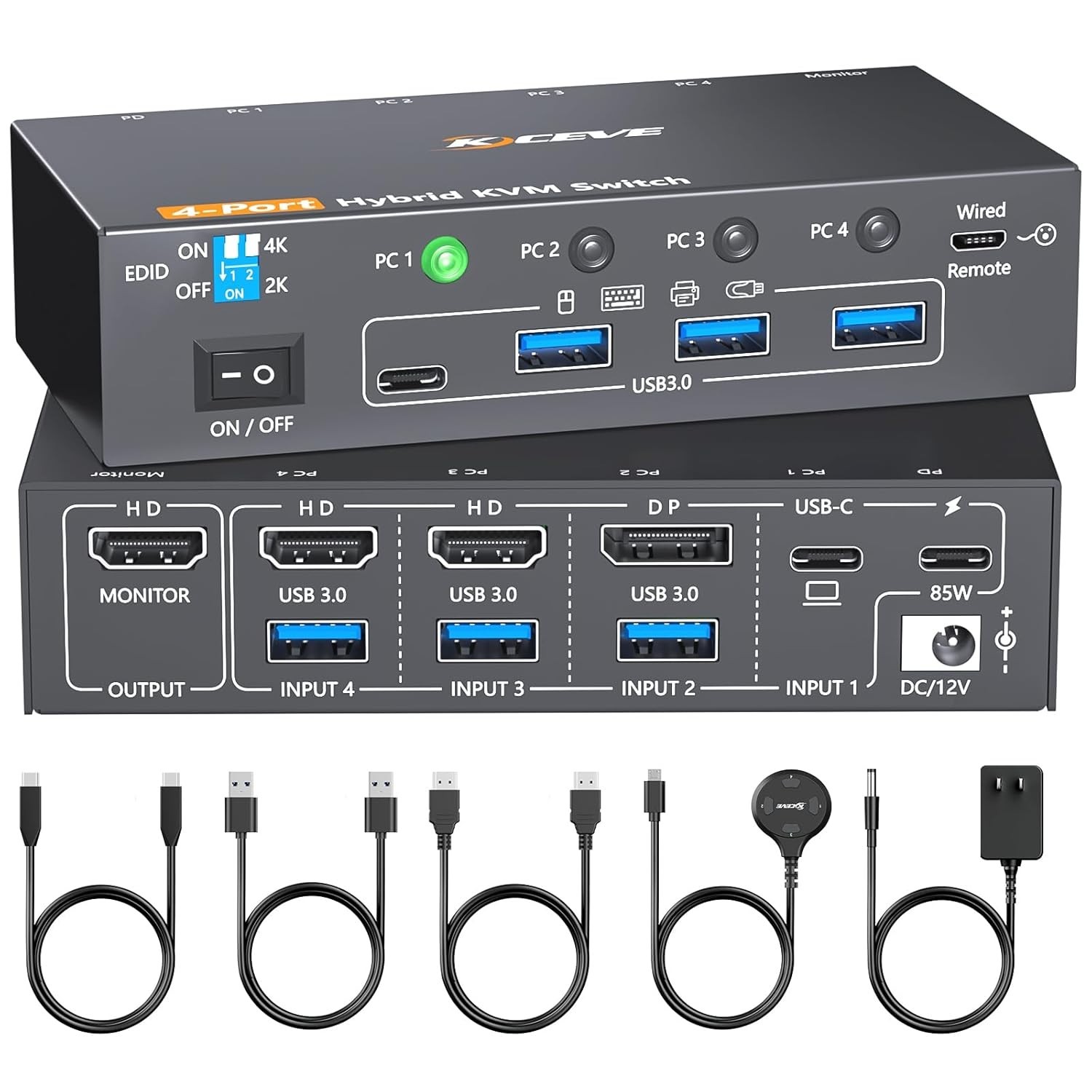 KCEVE 4K KVM Switch 4 Computers 1 Monitor HDMI USB-C DP EDID USB 3.0 60H