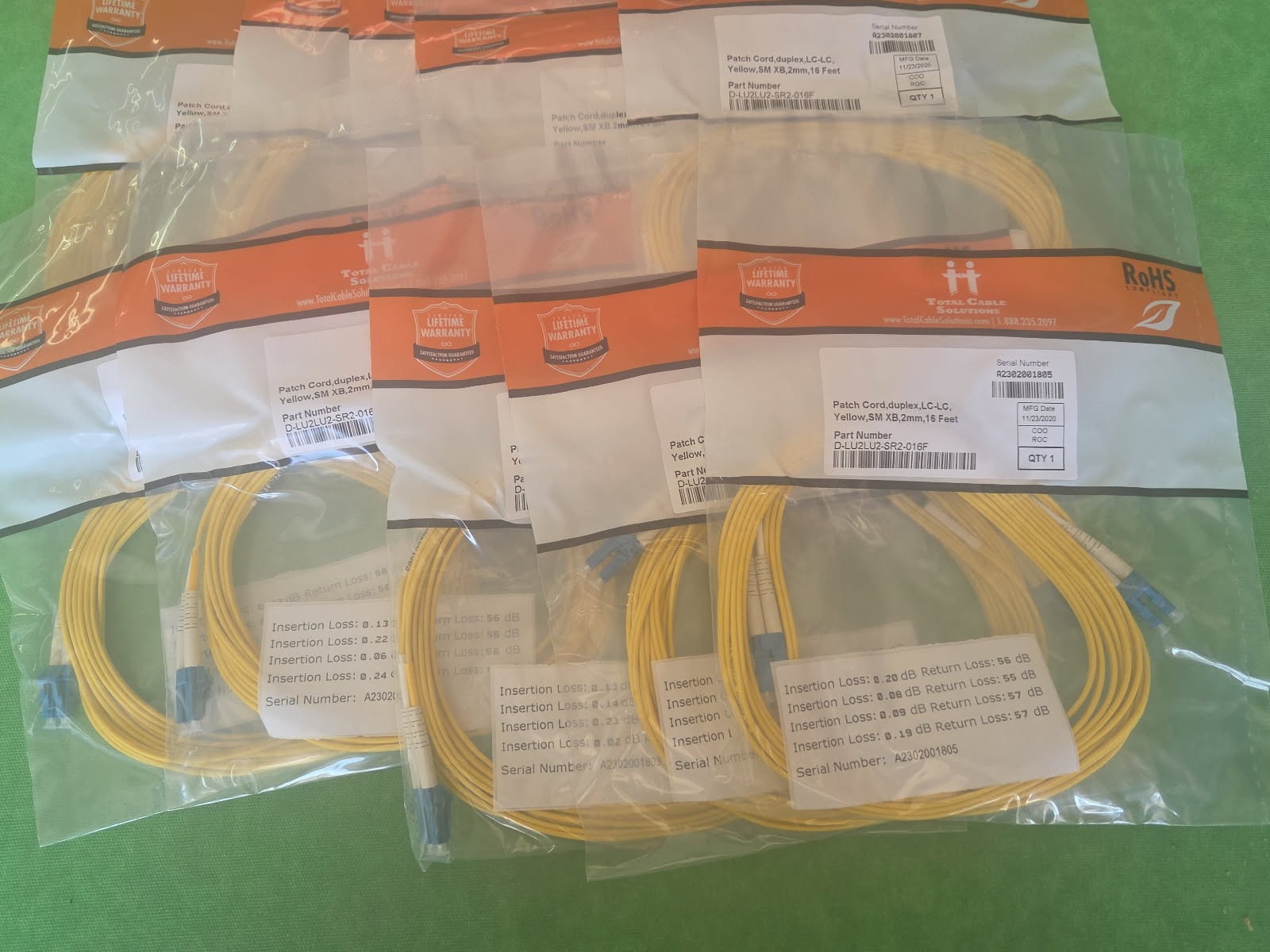 Singlemode Duplex LC/UPC LC/UPC Yellow Fiber Patch Cable 18 Feet NEW  10 Pack