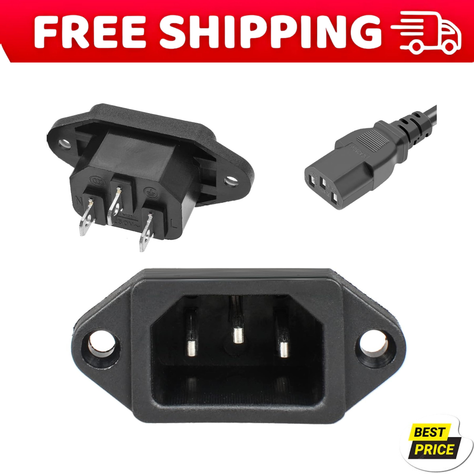 3 Pack Screw Mount 3 Pins Inlet Power Plug Socket IEC320 C14 AC 250V 10A