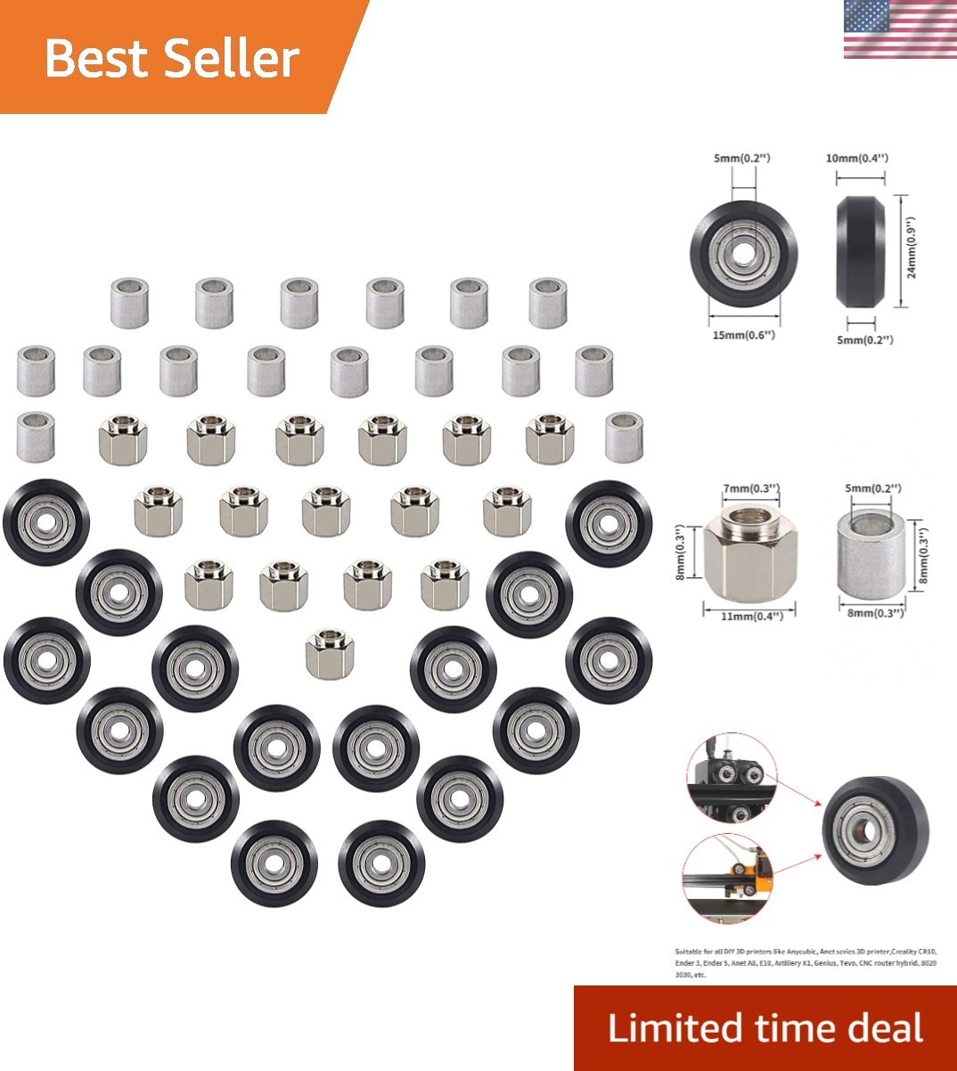 48 PCS 3D Printer POM Pulley Wheel Set with Pulley Bearing Included 16 PCS Pu...